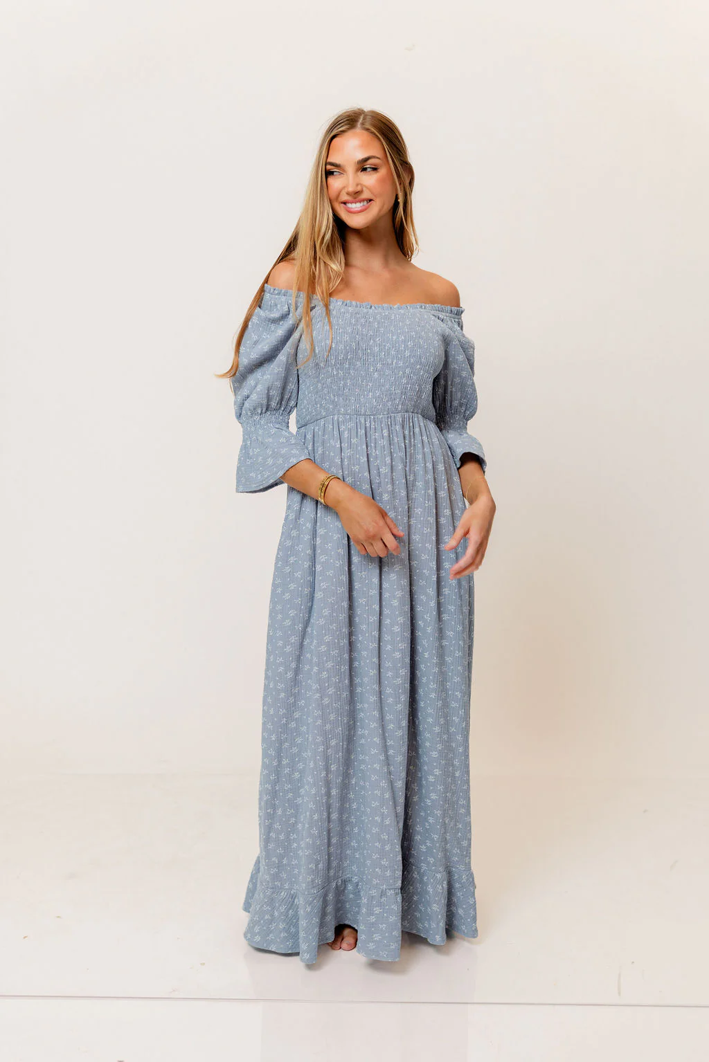 Sienna 100% Cotton Puff Sleeve Maxi Dress in Light Indigo Foliage - Bump Friendly - Image 11