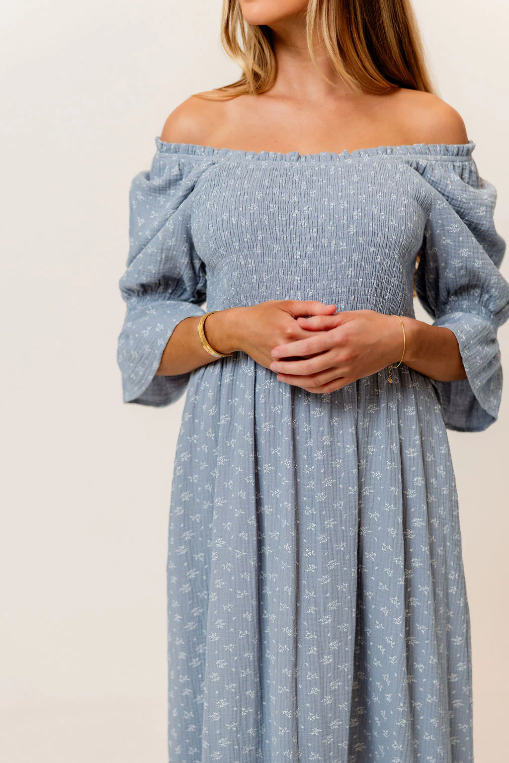 Sienna 100% Cotton Puff Sleeve Maxi Dress in Light Indigo Foliage - Bump Friendly - Image 12