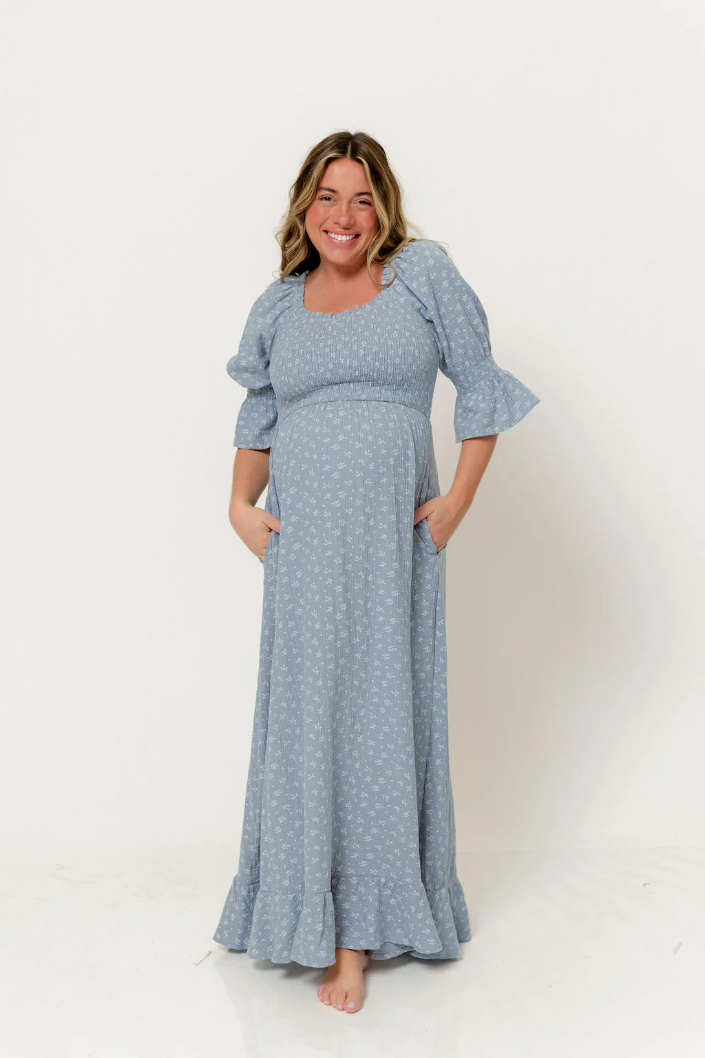 Sienna 100% Cotton Puff Sleeve Maxi Dress in Light Indigo Foliage - Bump Friendly - Image 2