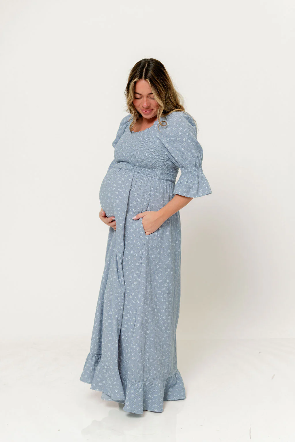 Sienna 100% Cotton Puff Sleeve Maxi Dress in Light Indigo Foliage - Bump Friendly - Image 3