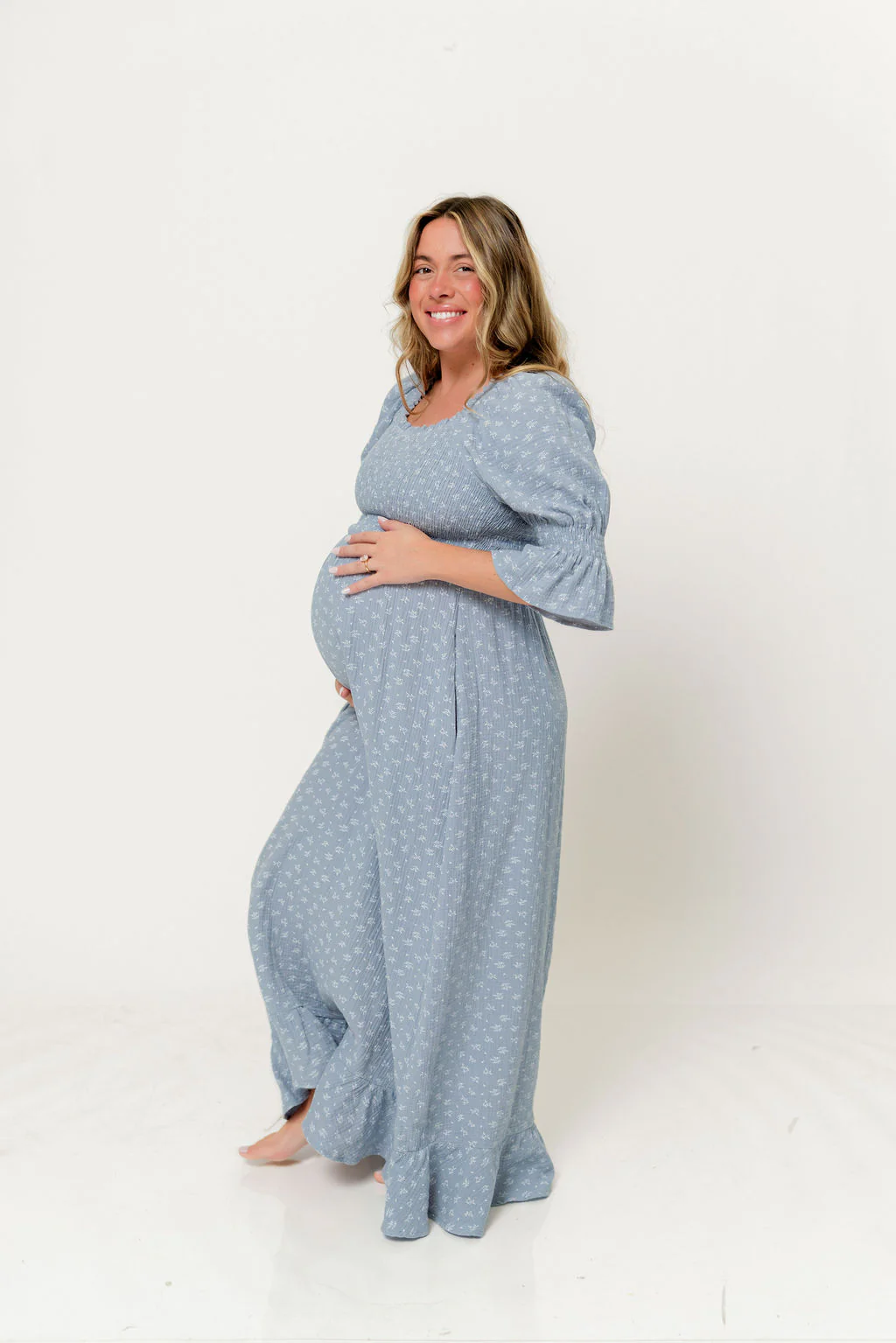 Sienna 100% Cotton Puff Sleeve Maxi Dress in Light Indigo Foliage - Bump Friendly - Image 4