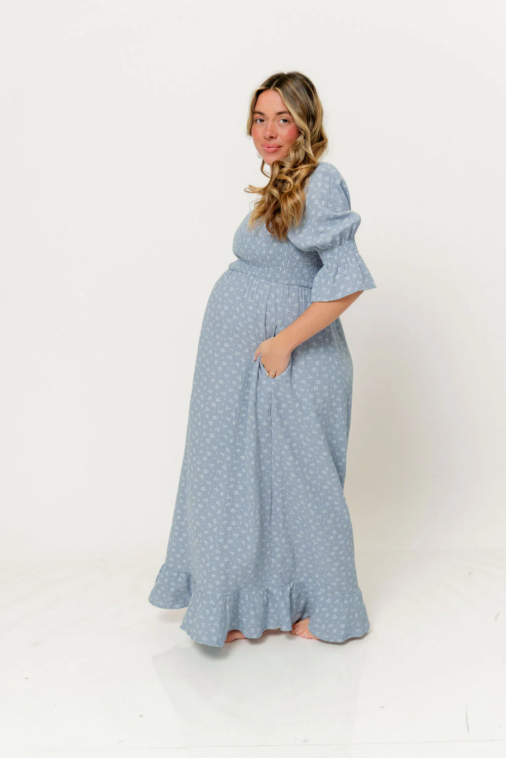 Sienna 100% Cotton Puff Sleeve Maxi Dress in Light Indigo Foliage - Bump Friendly - Image 5
