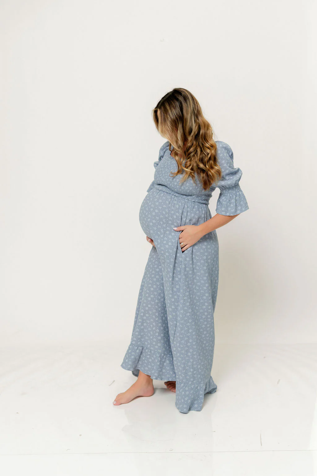 Sienna 100% Cotton Puff Sleeve Maxi Dress in Light Indigo Foliage - Bump Friendly - Image 6