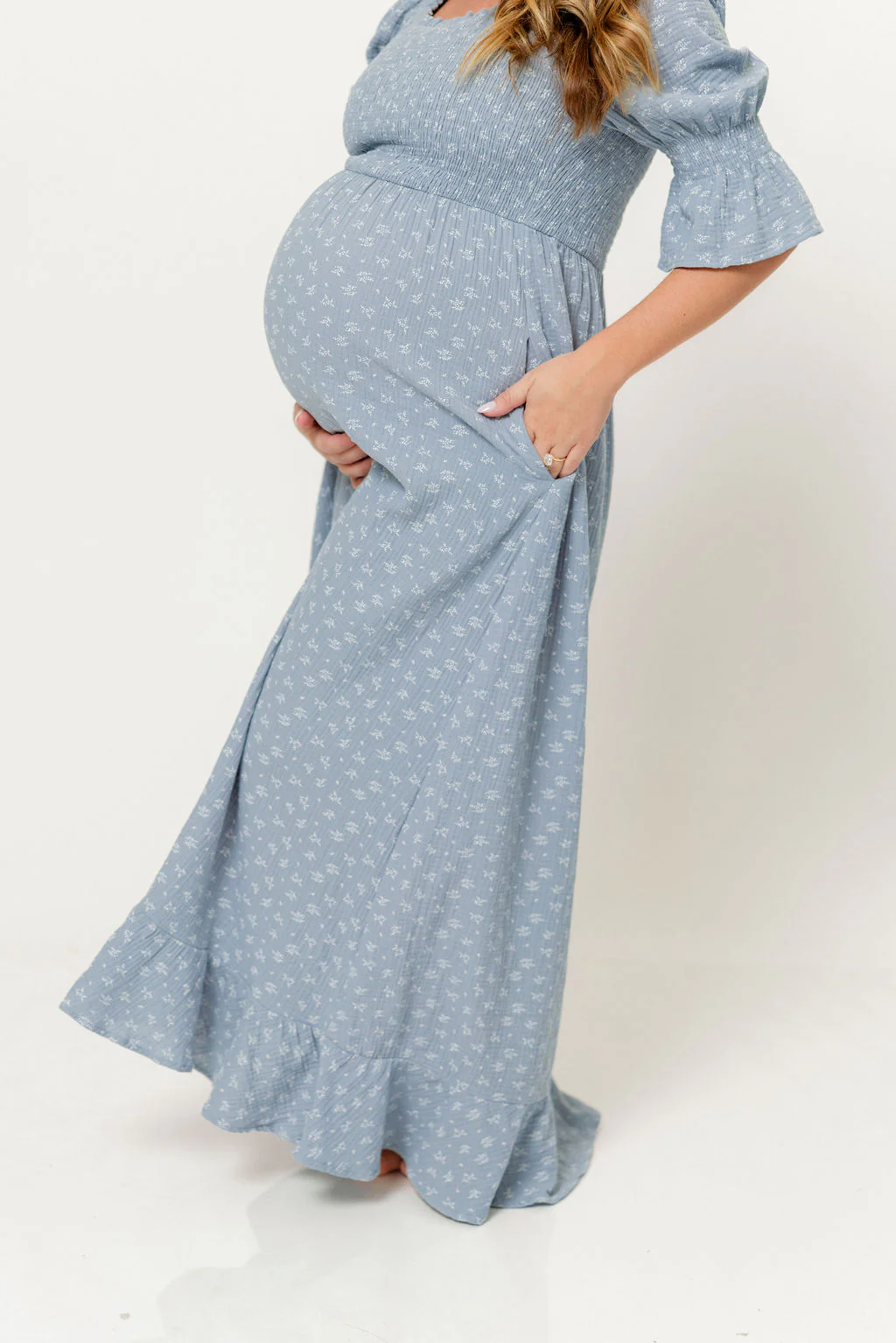 Sienna 100% Cotton Puff Sleeve Maxi Dress in Light Indigo Foliage - Bump Friendly - Image 7