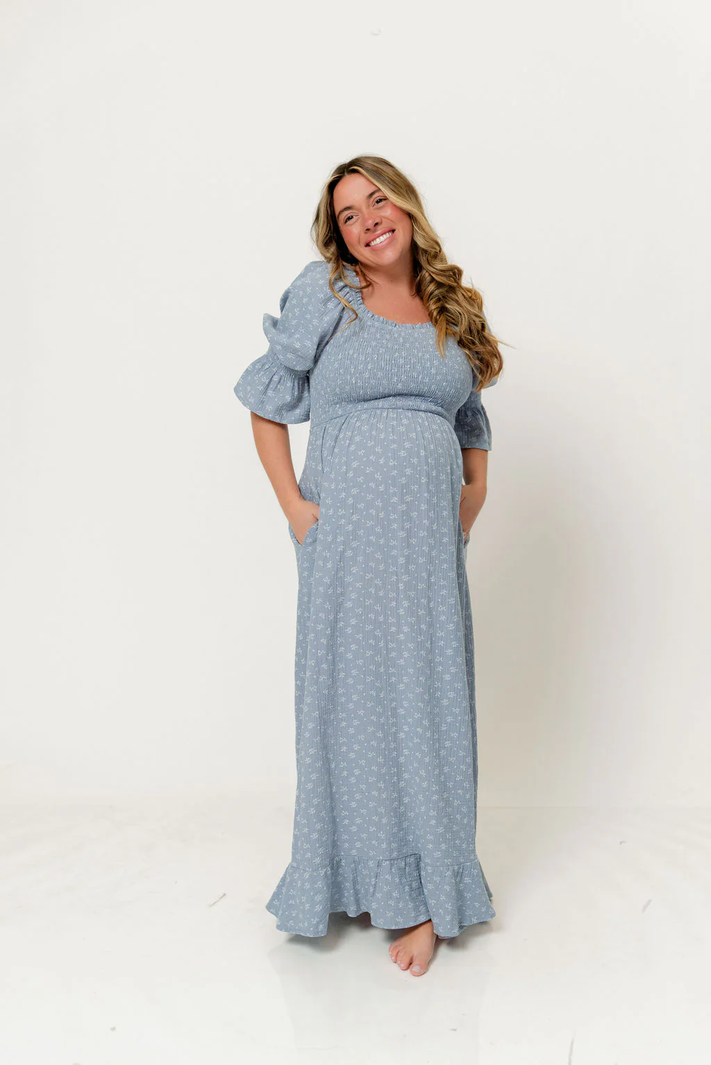 Sienna 100% Cotton Puff Sleeve Maxi Dress in Light Indigo Foliage - Bump Friendly - Image 8