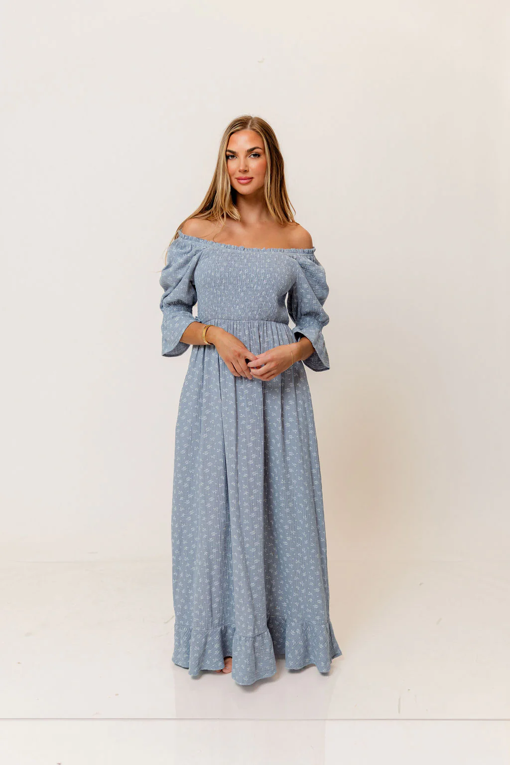 Sienna 100% Cotton Puff Sleeve Maxi Dress in Light Indigo Foliage - Bump Friendly - Image 9