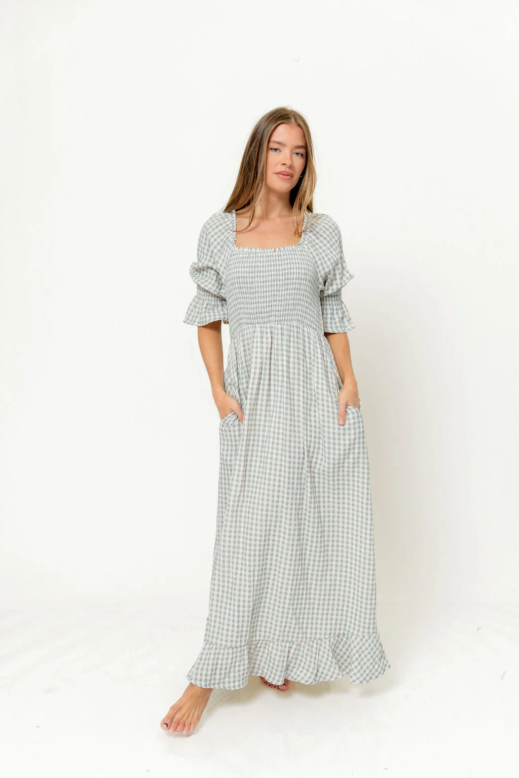 Sienna 100% Cotton Puff Sleeve Maxi Dress in Light Indigo Plaid (Lined) - Bump Friendly