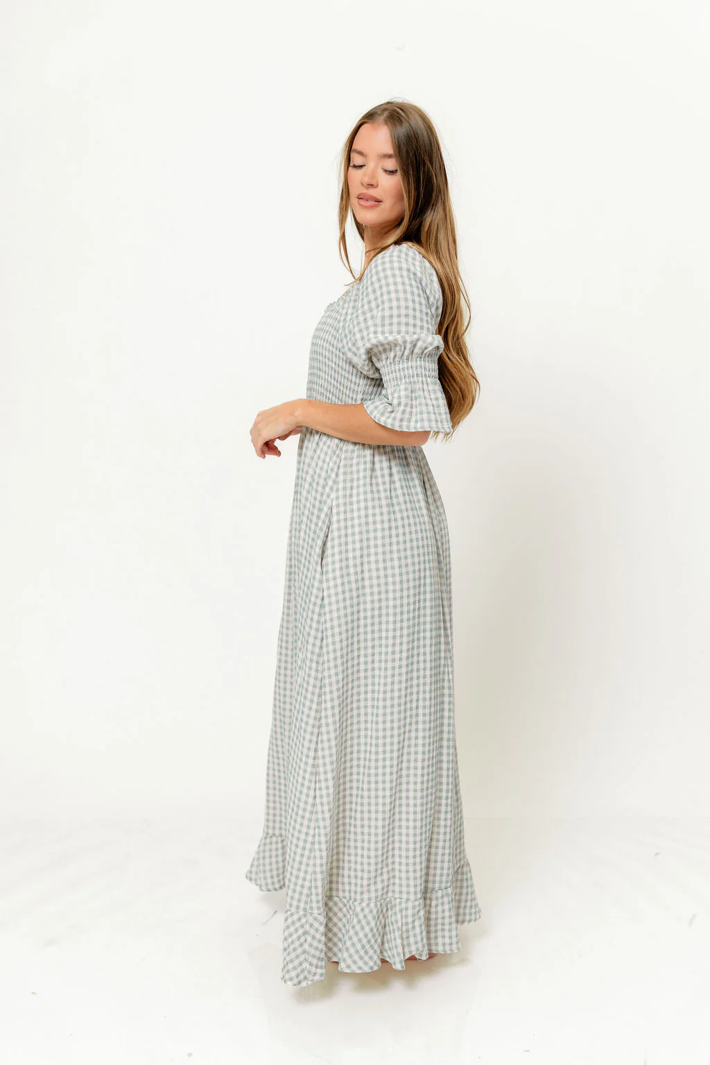 Sienna 100% Cotton Puff Sleeve Maxi Dress in Light Indigo Plaid (Lined) - Bump Friendly - Image 2