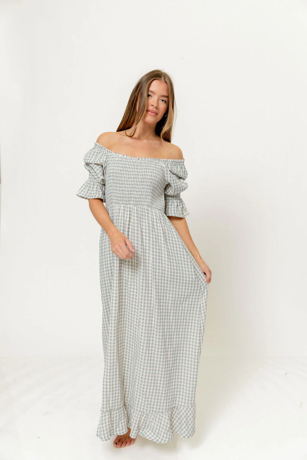 Sienna 100% Cotton Puff Sleeve Maxi Dress in Light Indigo Plaid (Lined) - Bump Friendly - Image 3