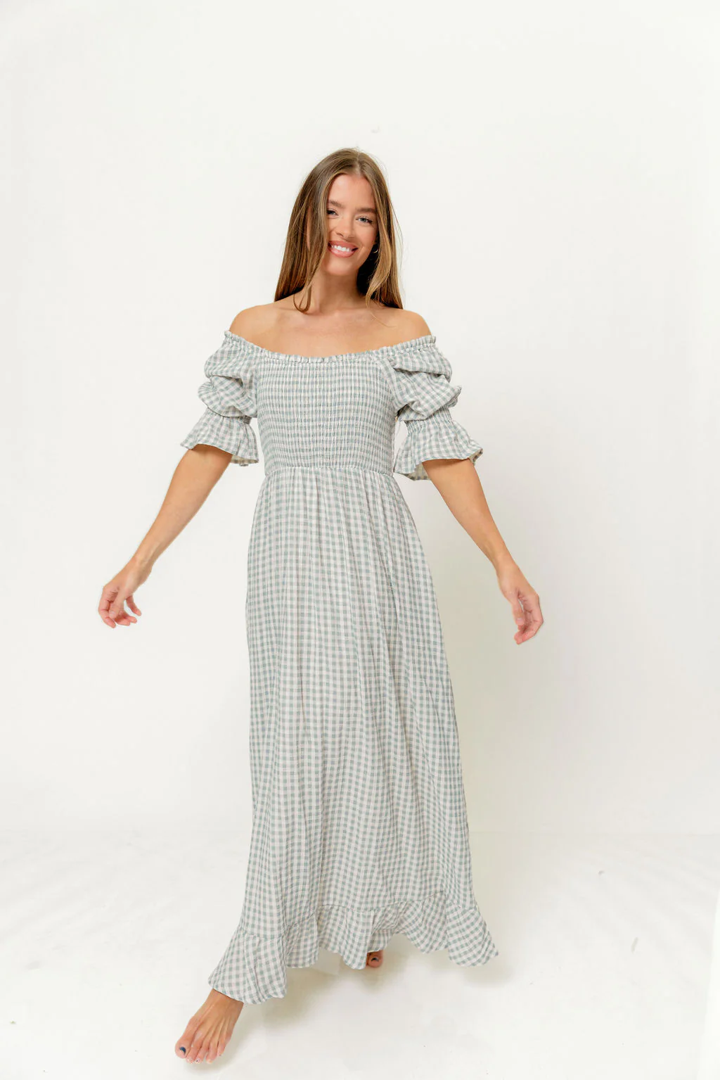 Sienna 100% Cotton Puff Sleeve Maxi Dress in Light Indigo Plaid (Lined) - Bump Friendly - Image 4