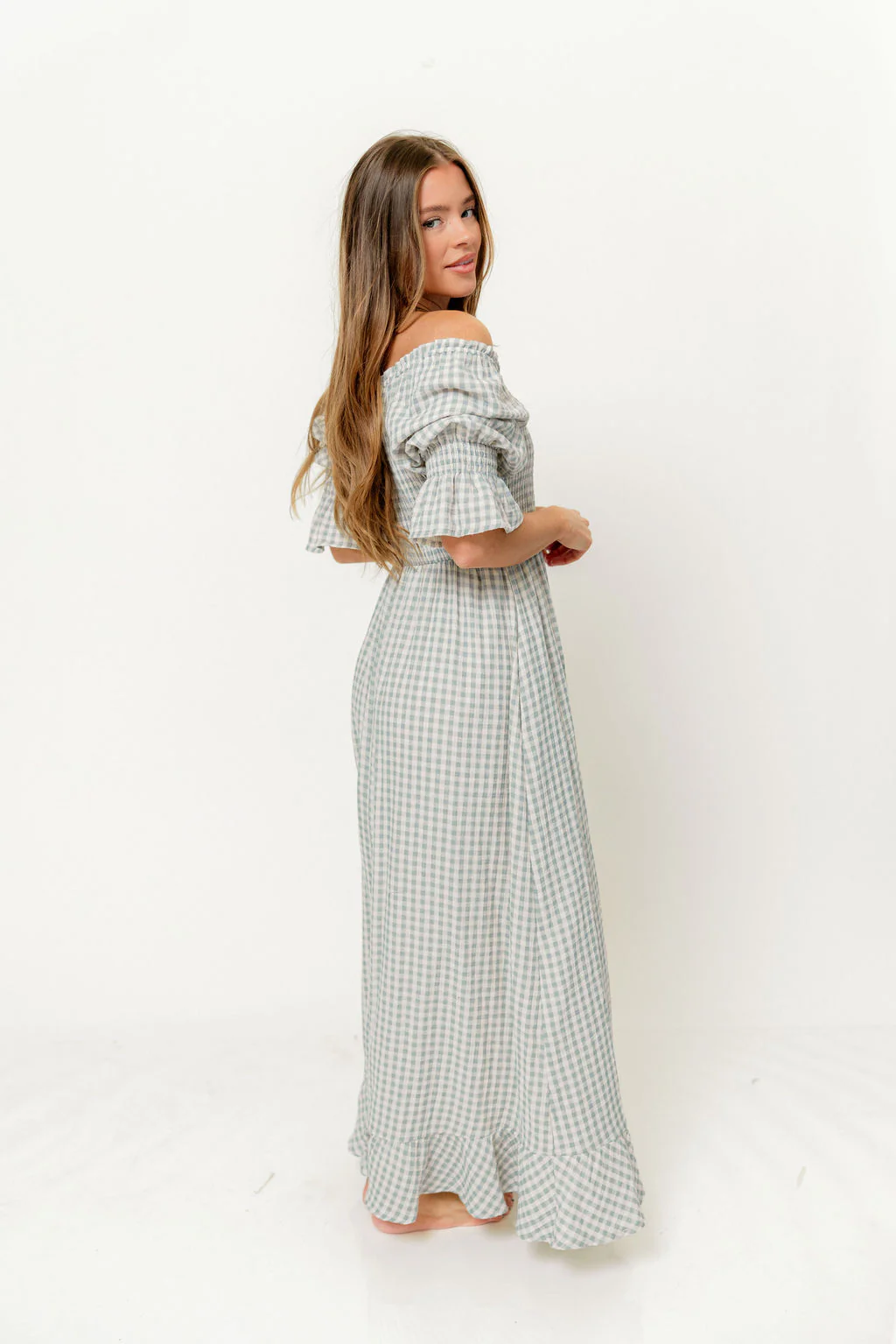 Sienna 100% Cotton Puff Sleeve Maxi Dress in Light Indigo Plaid (Lined) - Bump Friendly - Image 5