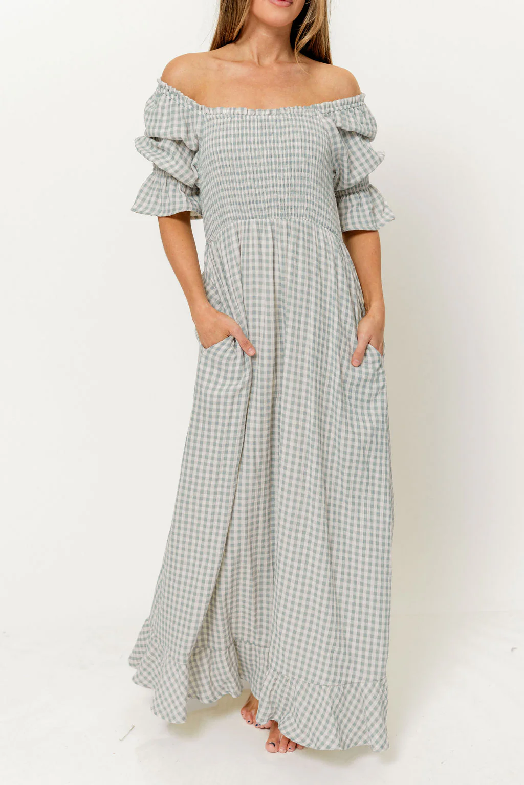 Sienna 100% Cotton Puff Sleeve Maxi Dress in Light Indigo Plaid (Lined) - Bump Friendly - Image 6