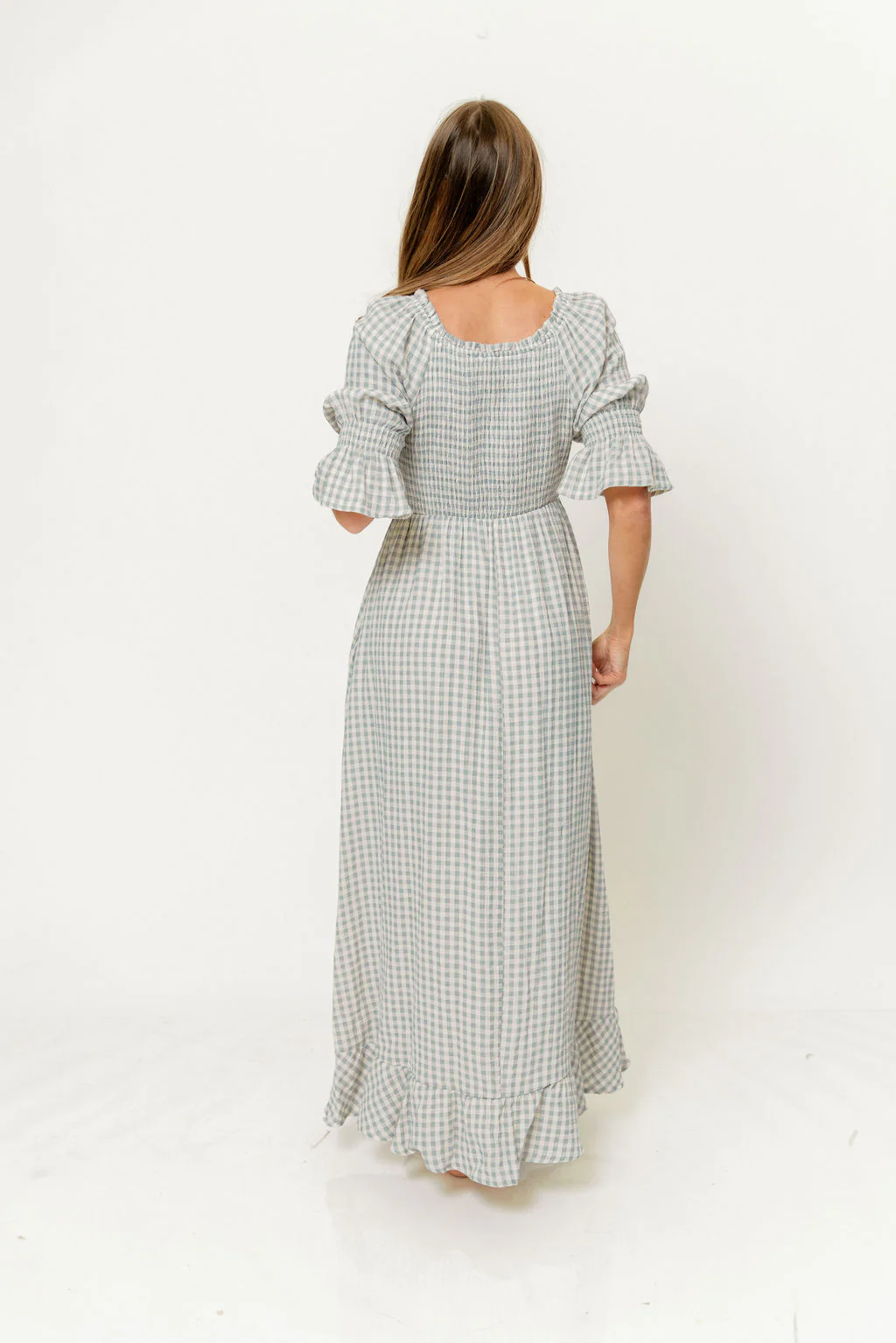 Sienna 100% Cotton Puff Sleeve Maxi Dress in Light Indigo Plaid (Lined) - Bump Friendly - Image 9
