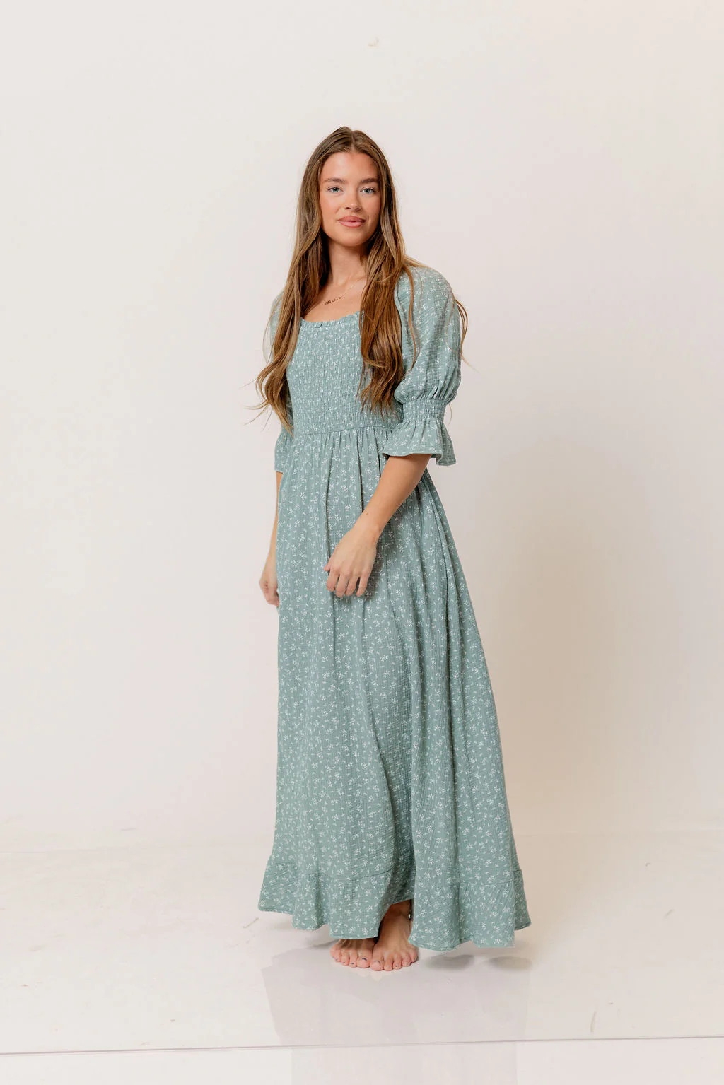 Sienna 100% Cotton Puff Sleeve Maxi Dress in Aqua Foliage - Bump Friendly