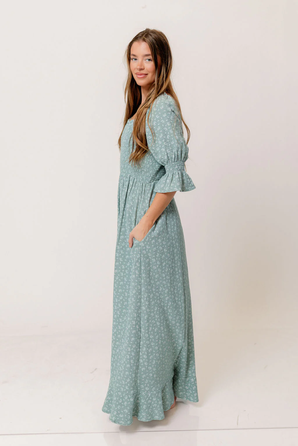 Sienna 100% Cotton Puff Sleeve Maxi Dress in Aqua Foliage - Bump Friendly - Image 2