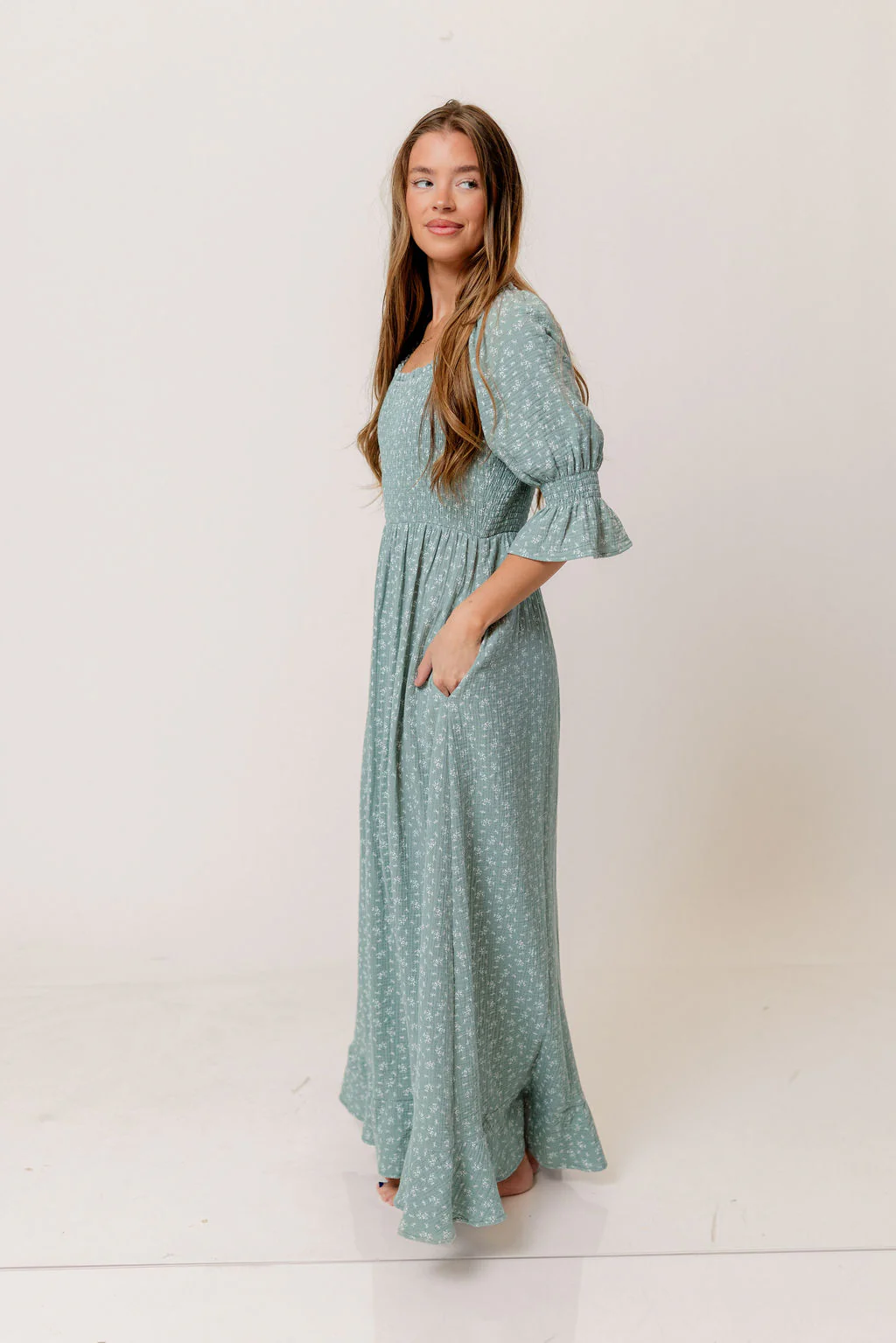Sienna 100% Cotton Puff Sleeve Maxi Dress in Aqua Foliage - Bump Friendly - Image 3