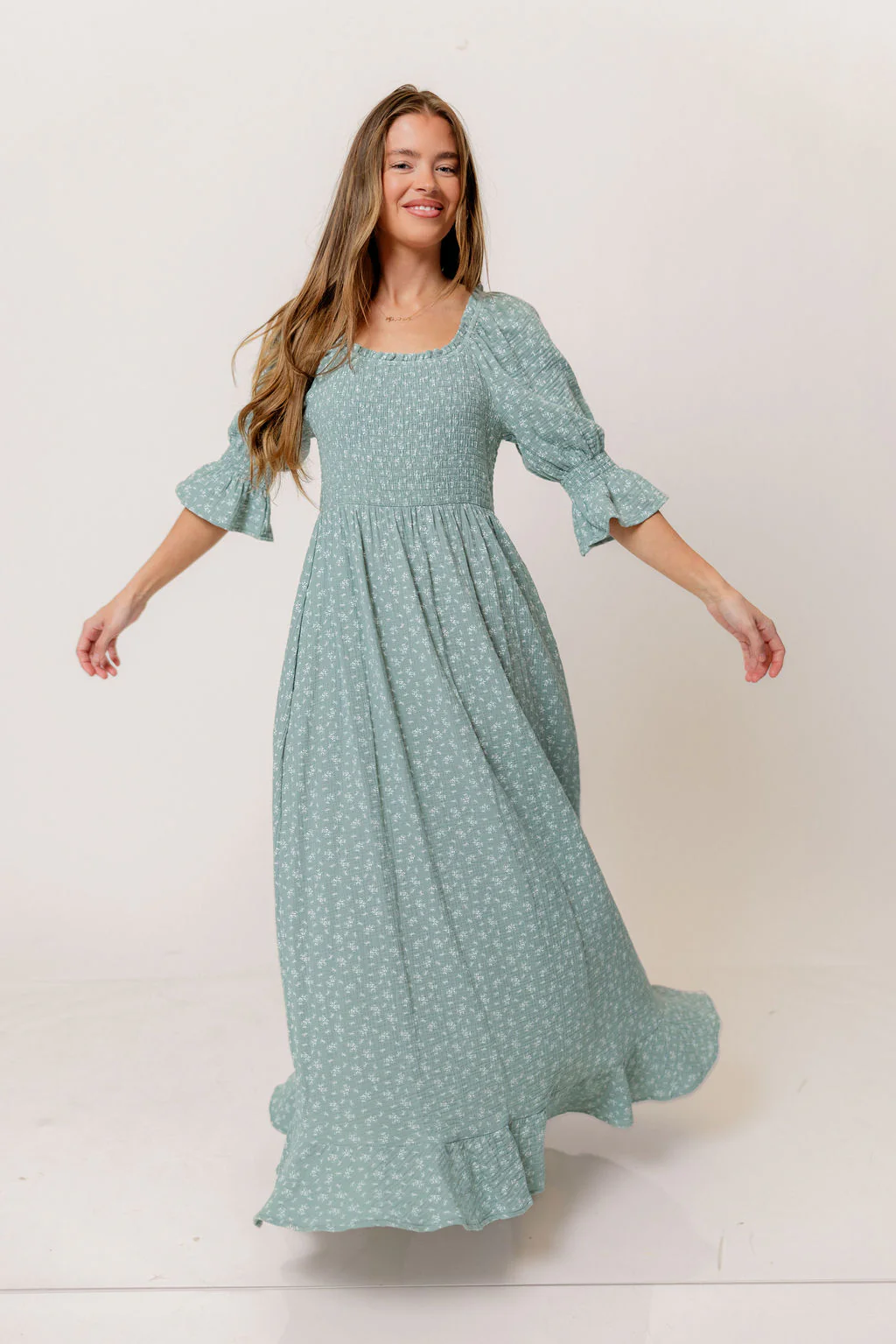 Sienna 100% Cotton Puff Sleeve Maxi Dress in Aqua Foliage - Bump Friendly - Image 4