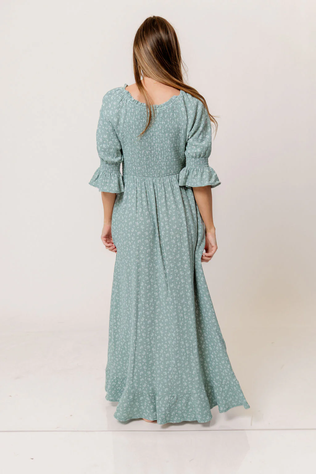 Sienna 100% Cotton Puff Sleeve Maxi Dress in Aqua Foliage - Bump Friendly - Image 6