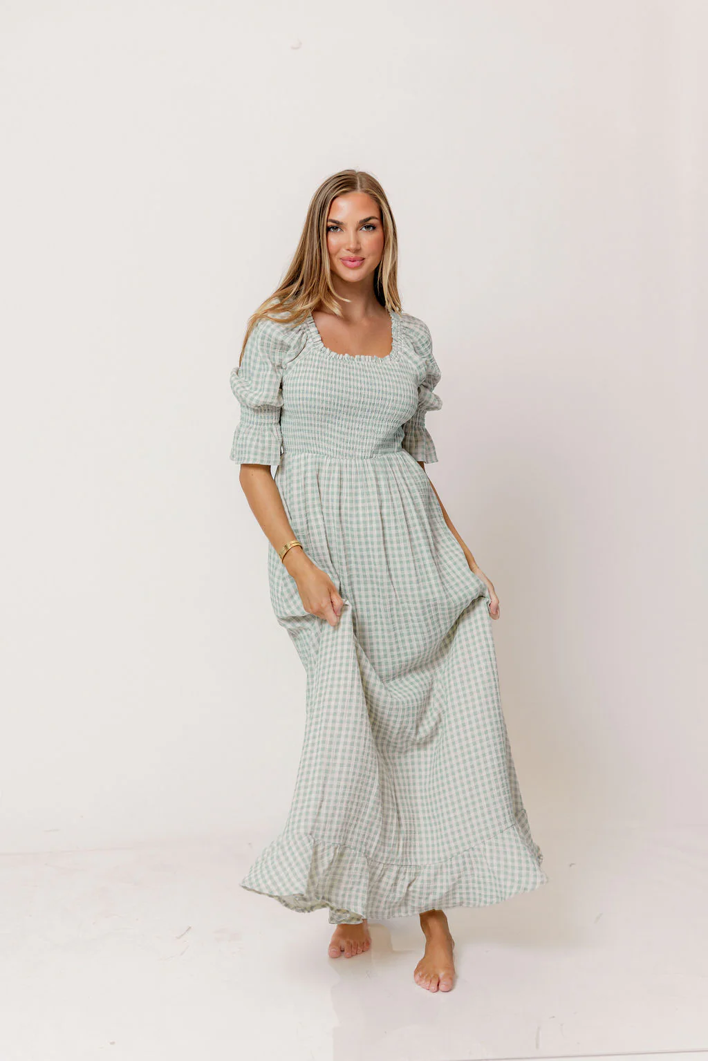 Sienna 100% Cotton Puff Sleeve Maxi Dress in Aqua Plaid (Lined) - Bump Friendly - Image 2