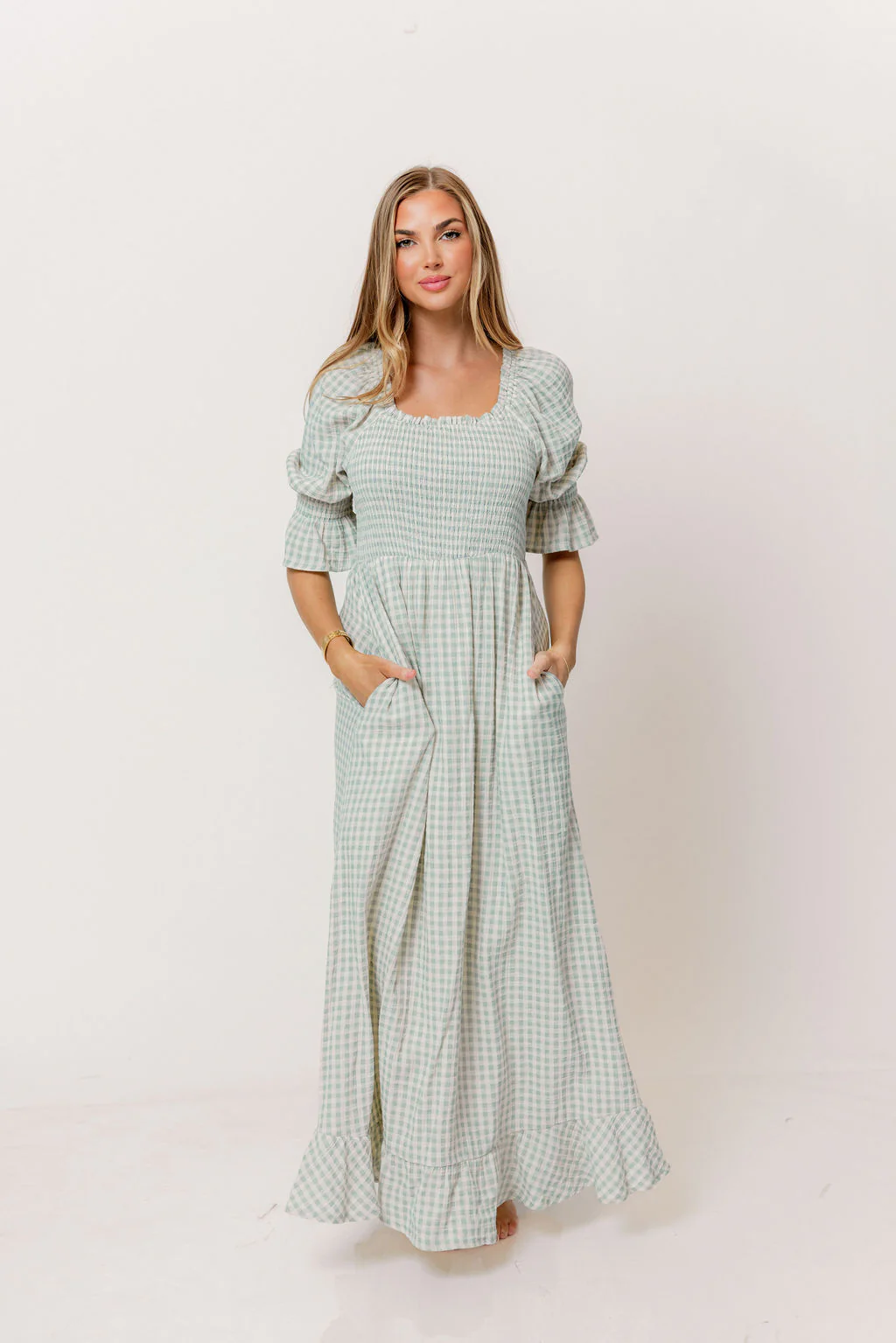 Sienna 100% Cotton Puff Sleeve Maxi Dress in Aqua Plaid (Lined) - Bump Friendly - Image 3
