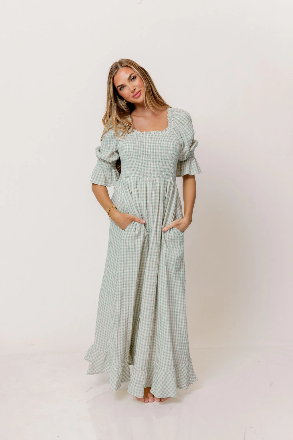 Sienna 100% Cotton Puff Sleeve Maxi Dress in Aqua Plaid (Lined) - Bump Friendly - Image 4