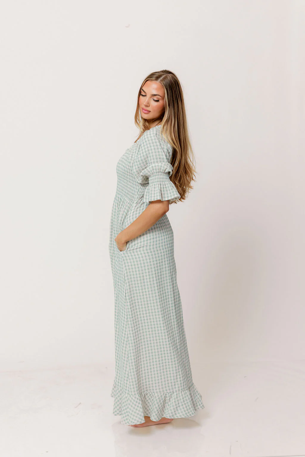 Sienna 100% Cotton Puff Sleeve Maxi Dress in Aqua Plaid (Lined) - Bump Friendly - Image 6