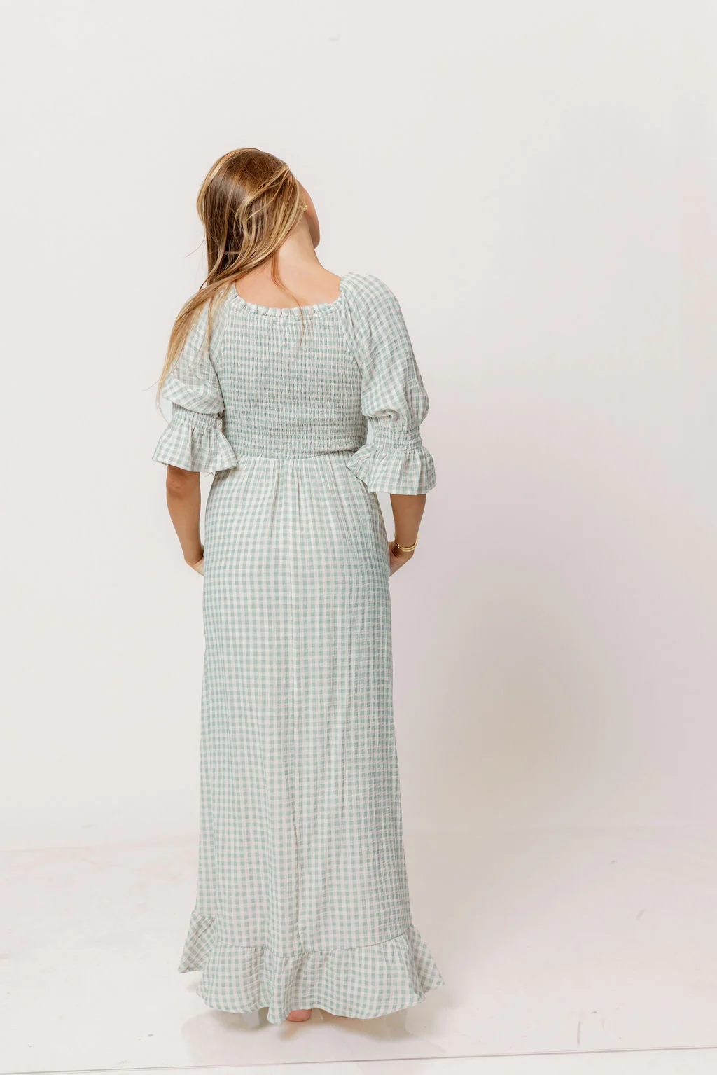 Sienna 100% Cotton Puff Sleeve Maxi Dress in Aqua Plaid (Lined) - Bump Friendly - Image 8