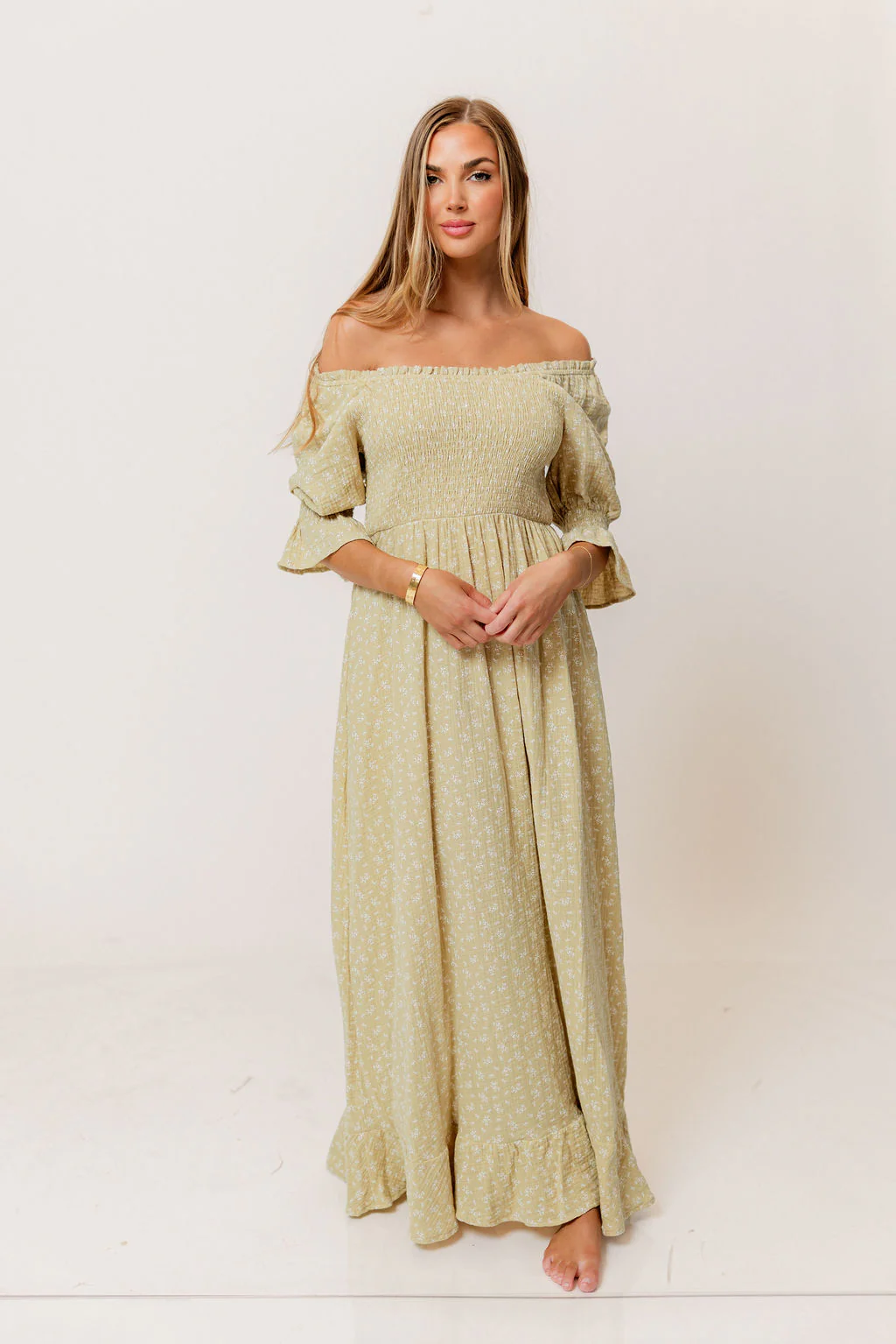 Sienna 100% Cotton Puff Sleeve Maxi Dress in Green Haze Foliage  - Bump Friendly