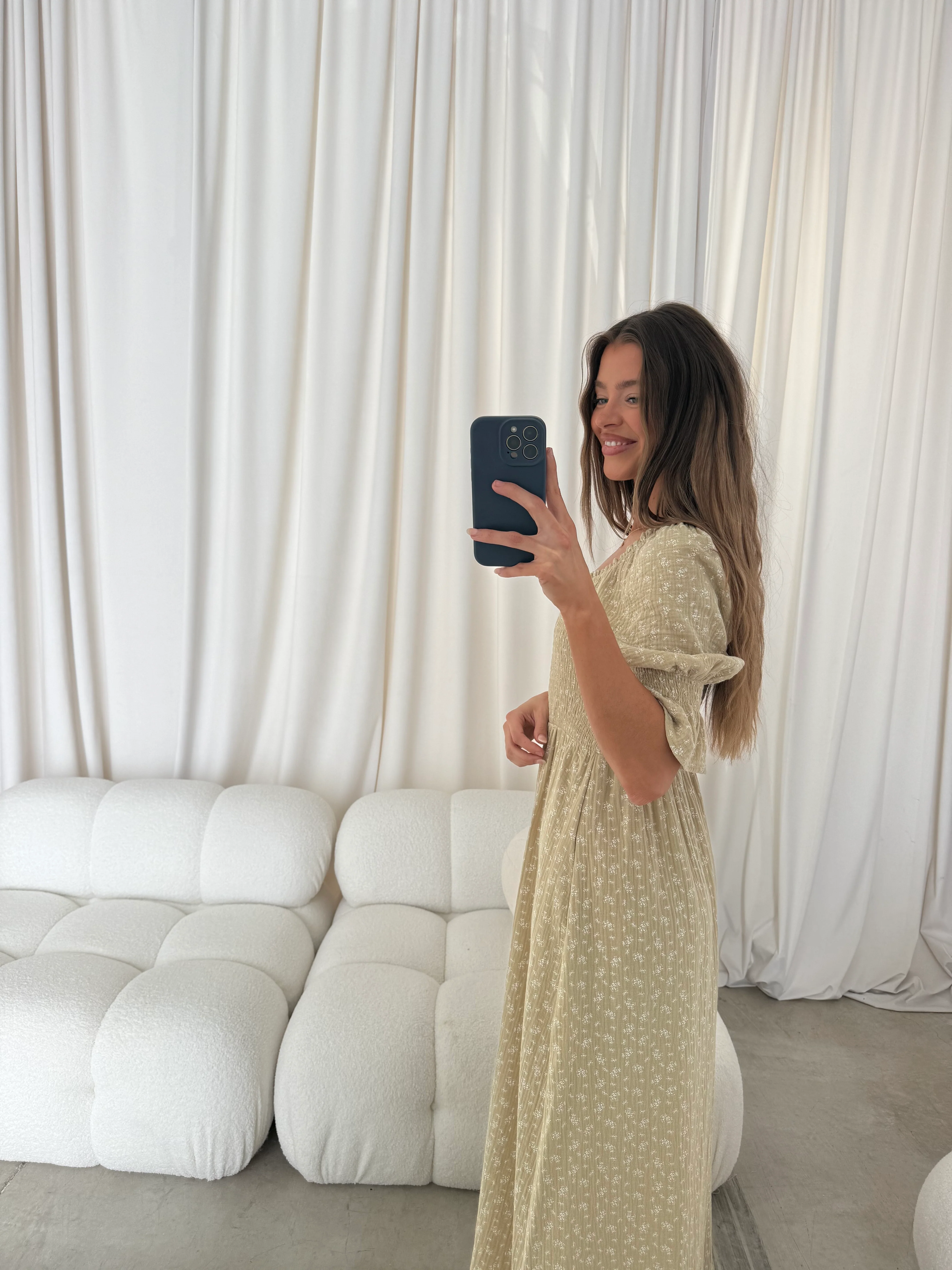 Sienna 100% Cotton Puff Sleeve Maxi Dress in Green Haze Foliage  - Bump Friendly - Image 10