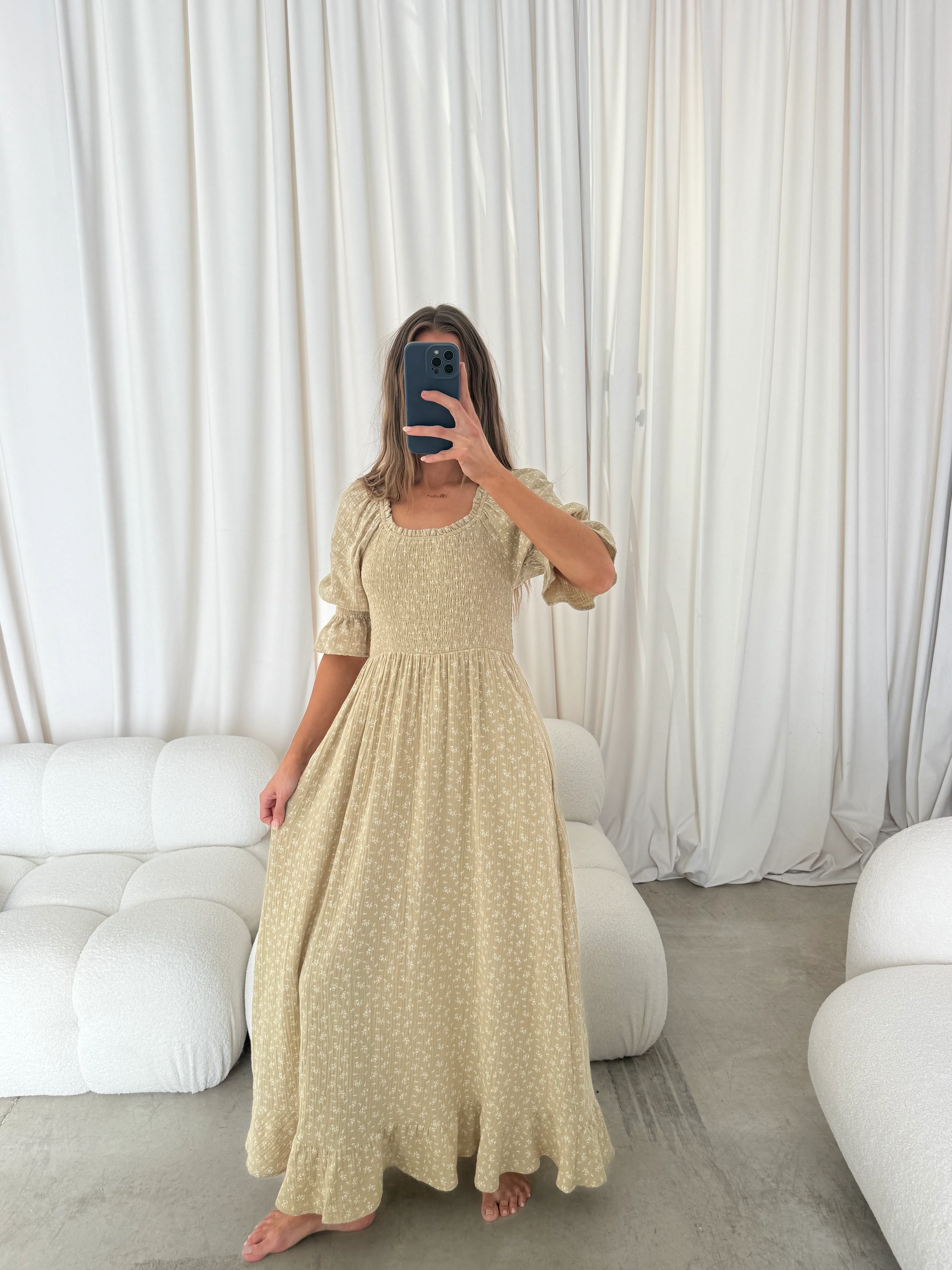 Sienna 100% Cotton Puff Sleeve Maxi Dress in Green Haze Foliage  - Bump Friendly - Image 11