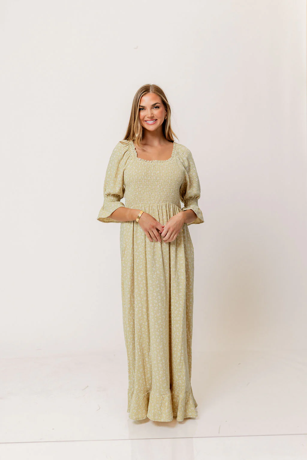 Sienna 100% Cotton Puff Sleeve Maxi Dress in Green Haze Foliage  - Bump Friendly - Image 3