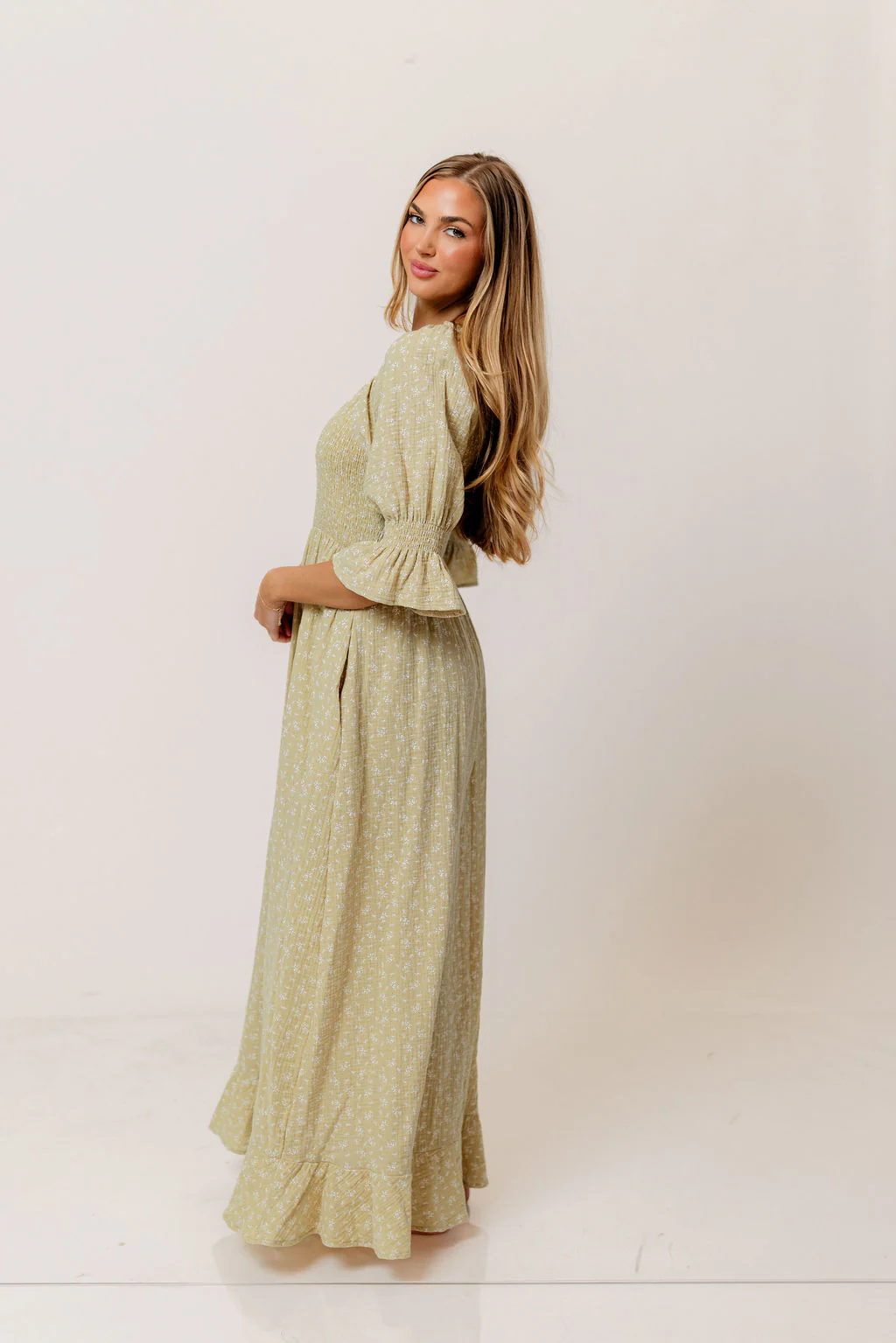 Sienna 100% Cotton Puff Sleeve Maxi Dress in Green Haze Foliage  - Bump Friendly - Image 4