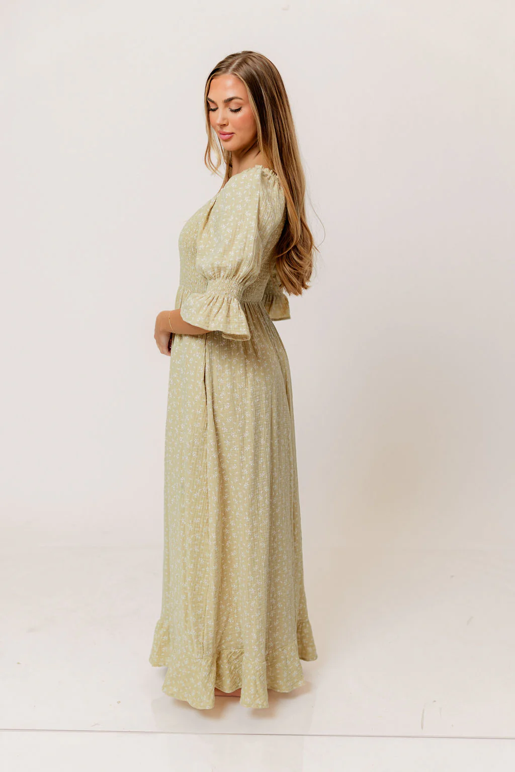 Sienna 100% Cotton Puff Sleeve Maxi Dress in Green Haze Foliage  - Bump Friendly - Image 6