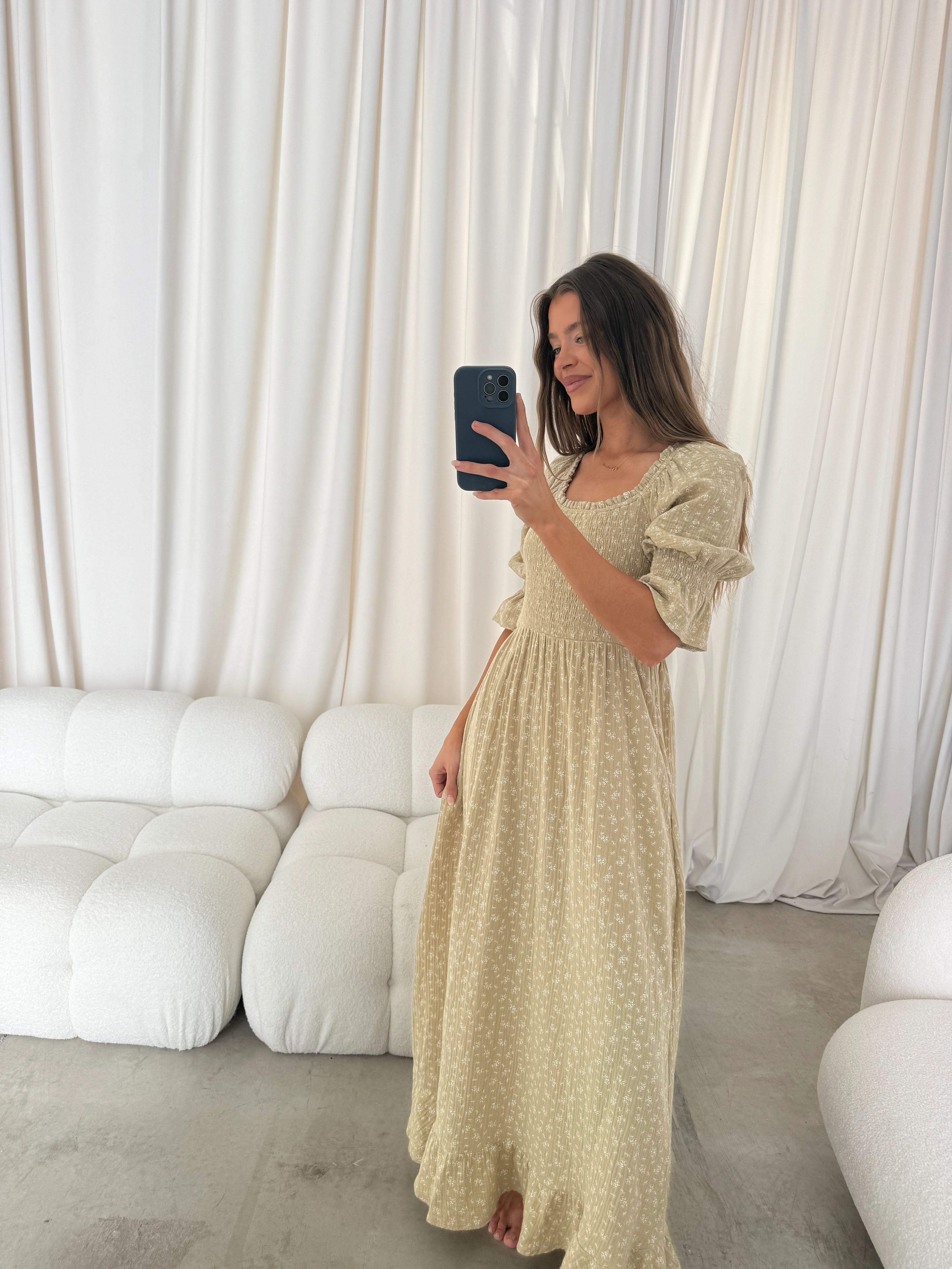 Sienna 100% Cotton Puff Sleeve Maxi Dress in Green Haze Foliage  - Bump Friendly - Image 9