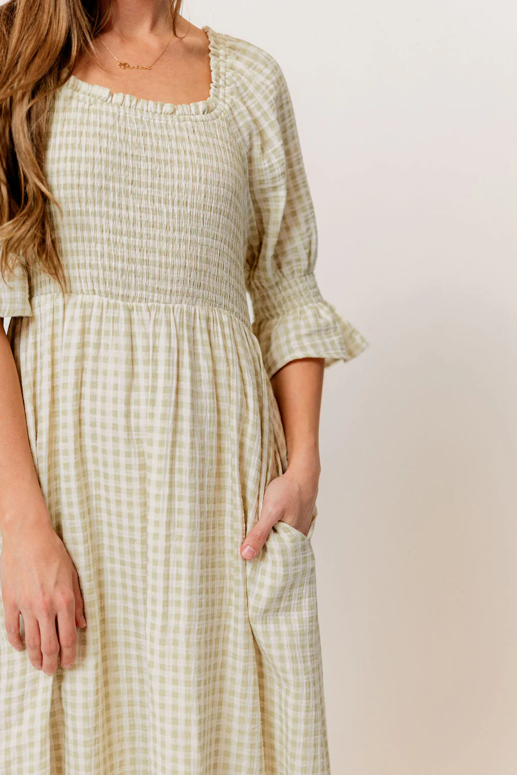 Sienna 100% Cotton Puff Sleeve Maxi Dress in Green Haze Plaid (Lined) - Bump Friendly - Image 2