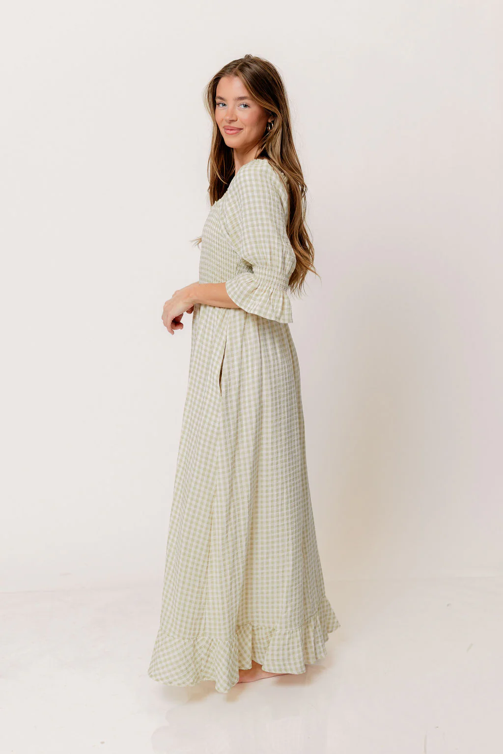 Sienna 100% Cotton Puff Sleeve Maxi Dress in Green Haze Plaid (Lined) - Bump Friendly - Image 3