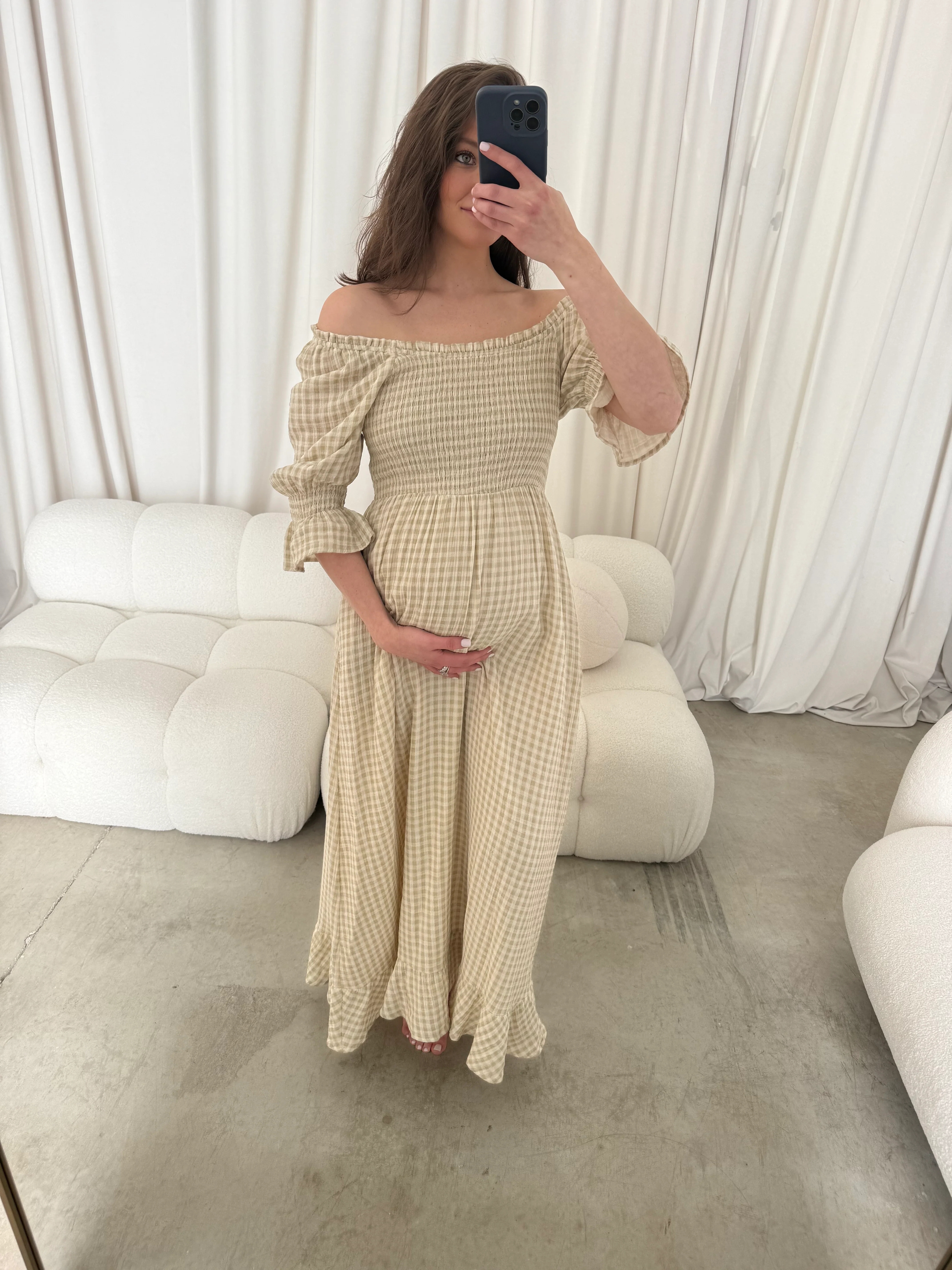 Sienna 100% Cotton Puff Sleeve Maxi Dress in Green Haze Plaid (Lined) - Bump Friendly - Image 7