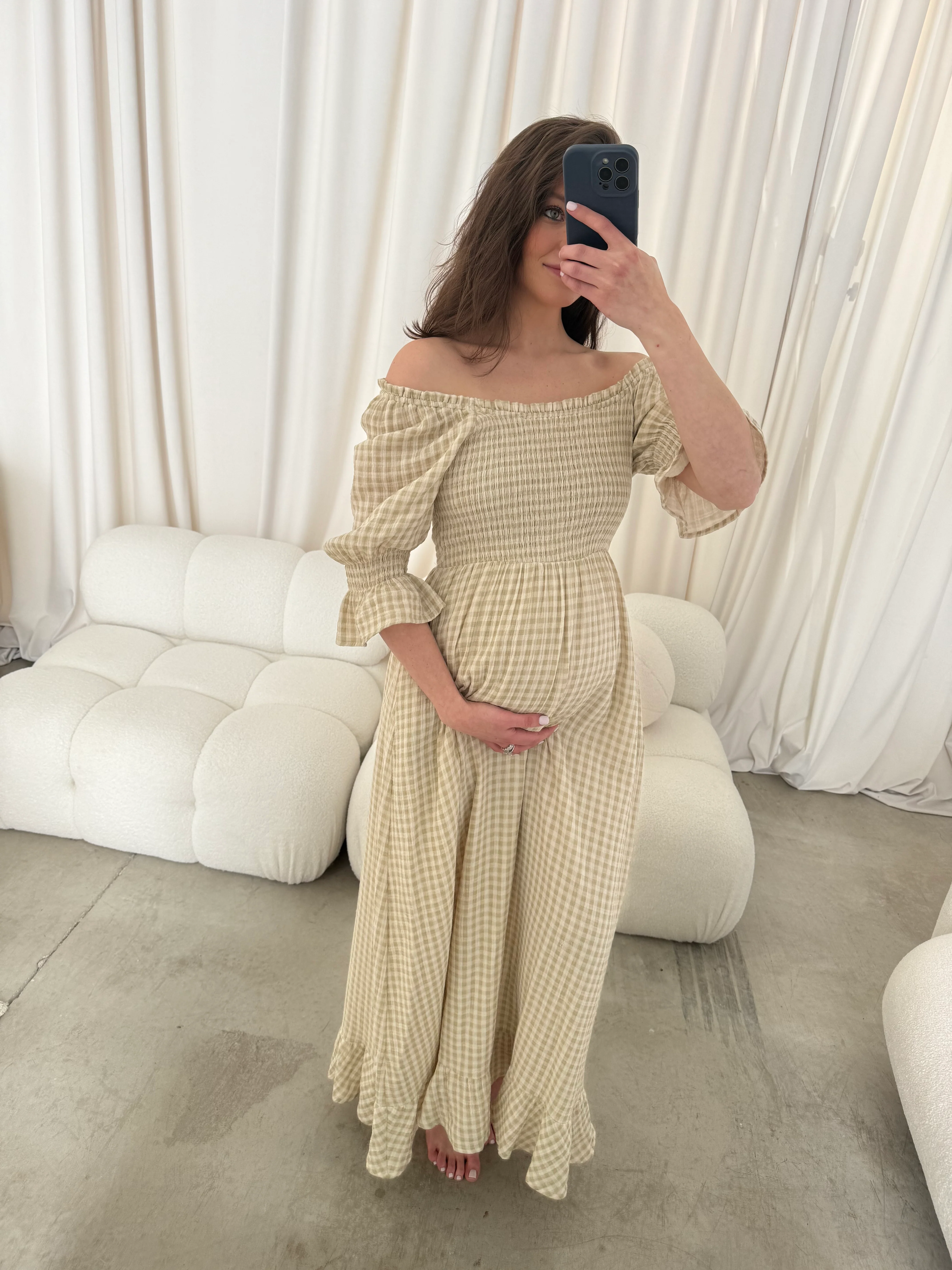 Sienna 100% Cotton Puff Sleeve Maxi Dress in Green Haze Plaid (Lined) - Bump Friendly - Image 9