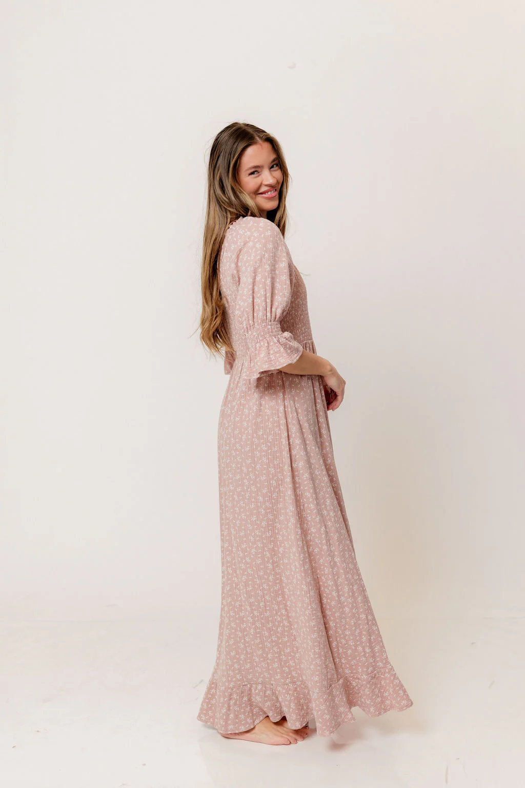 Sienna 100% Cotton Puff Sleeve Maxi Dress in Rose Foliage  - Bump Friendly - Image 3