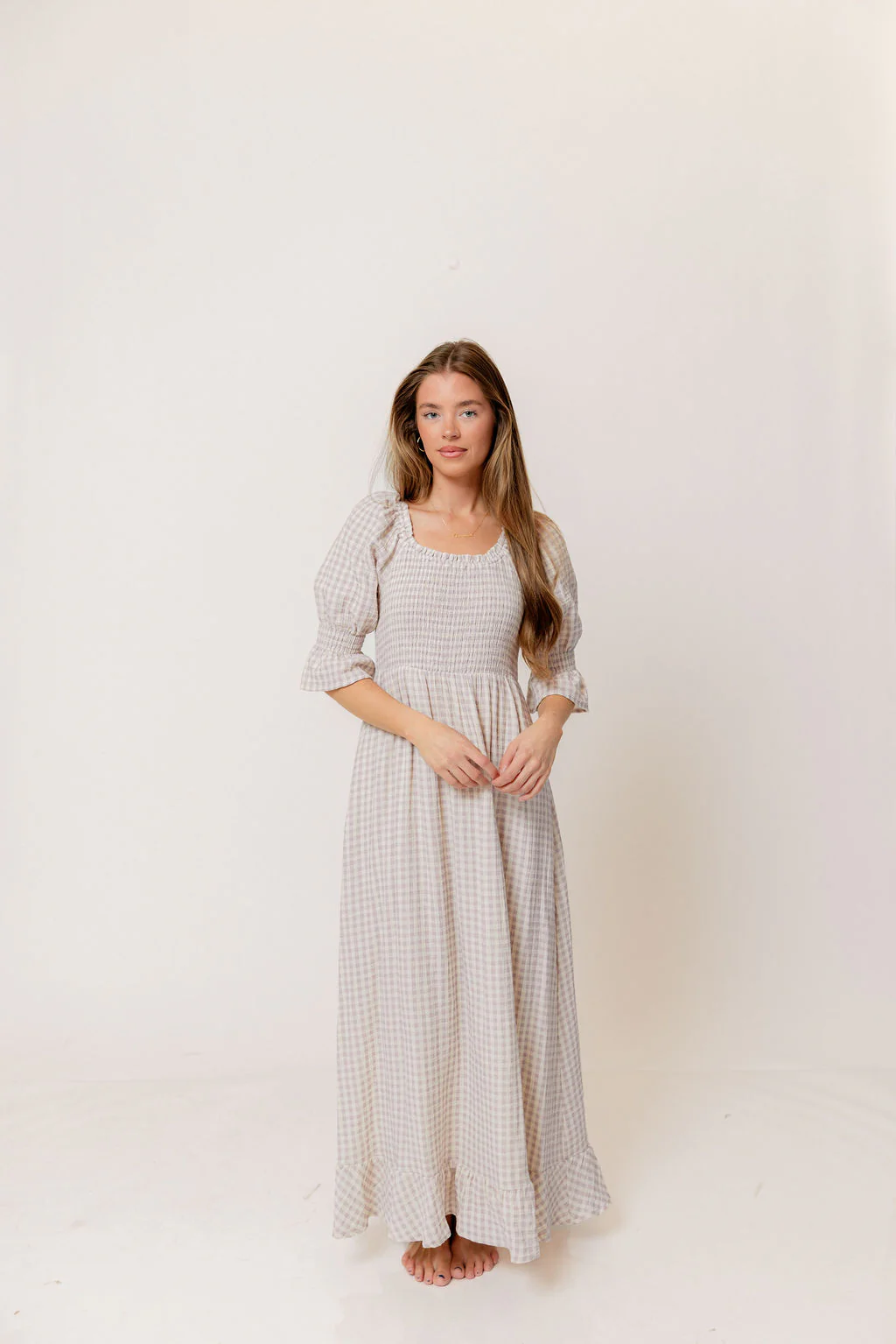 Sienna 100% Cotton Puff Sleeve Maxi Dress in Wisteria Plaid (Lined) - Bump Friendly - Image 2