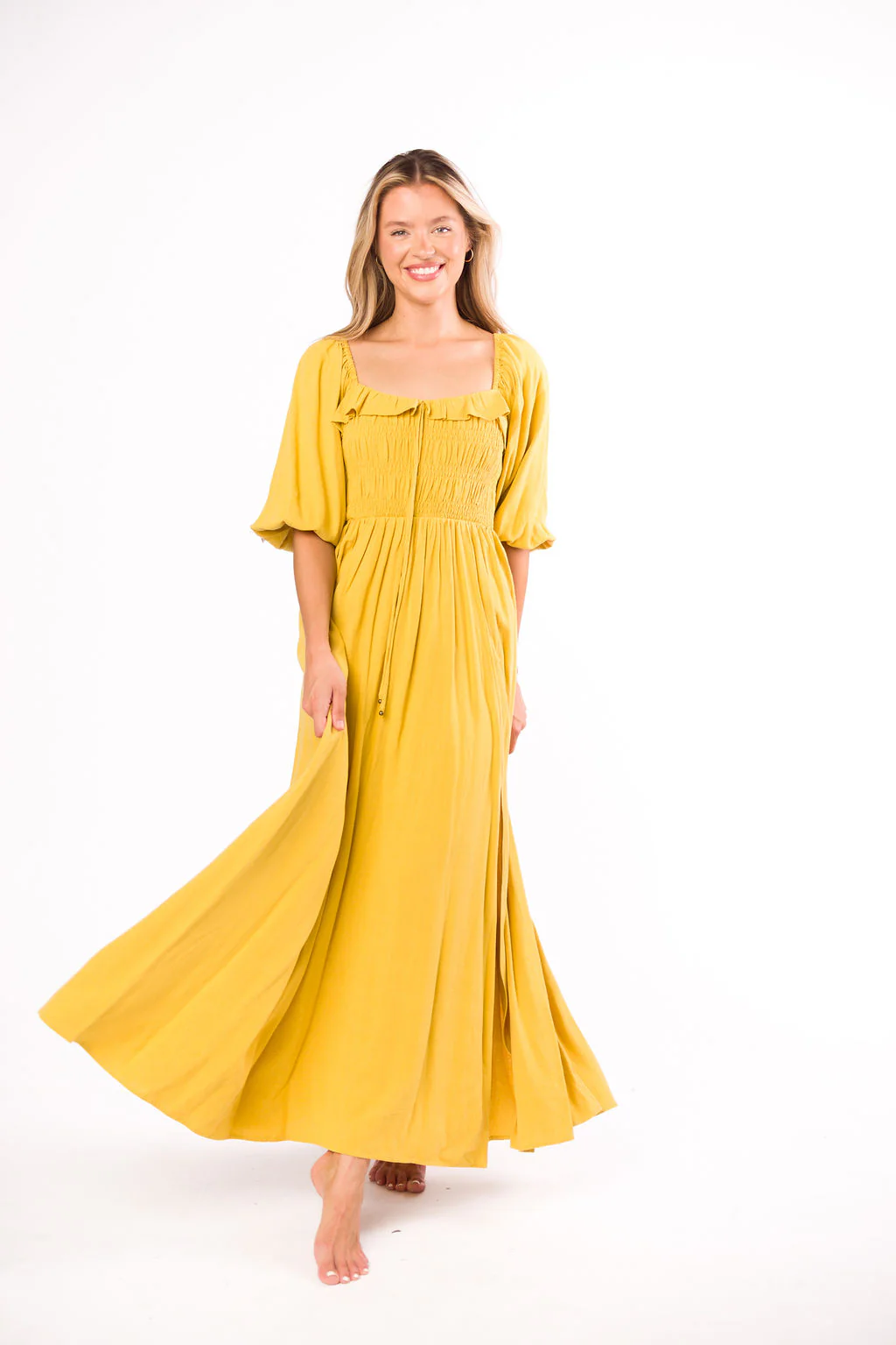 Devon Smocked Maxi Dress in Mustard - Bump Friendly *Final-Sale* - Image 3