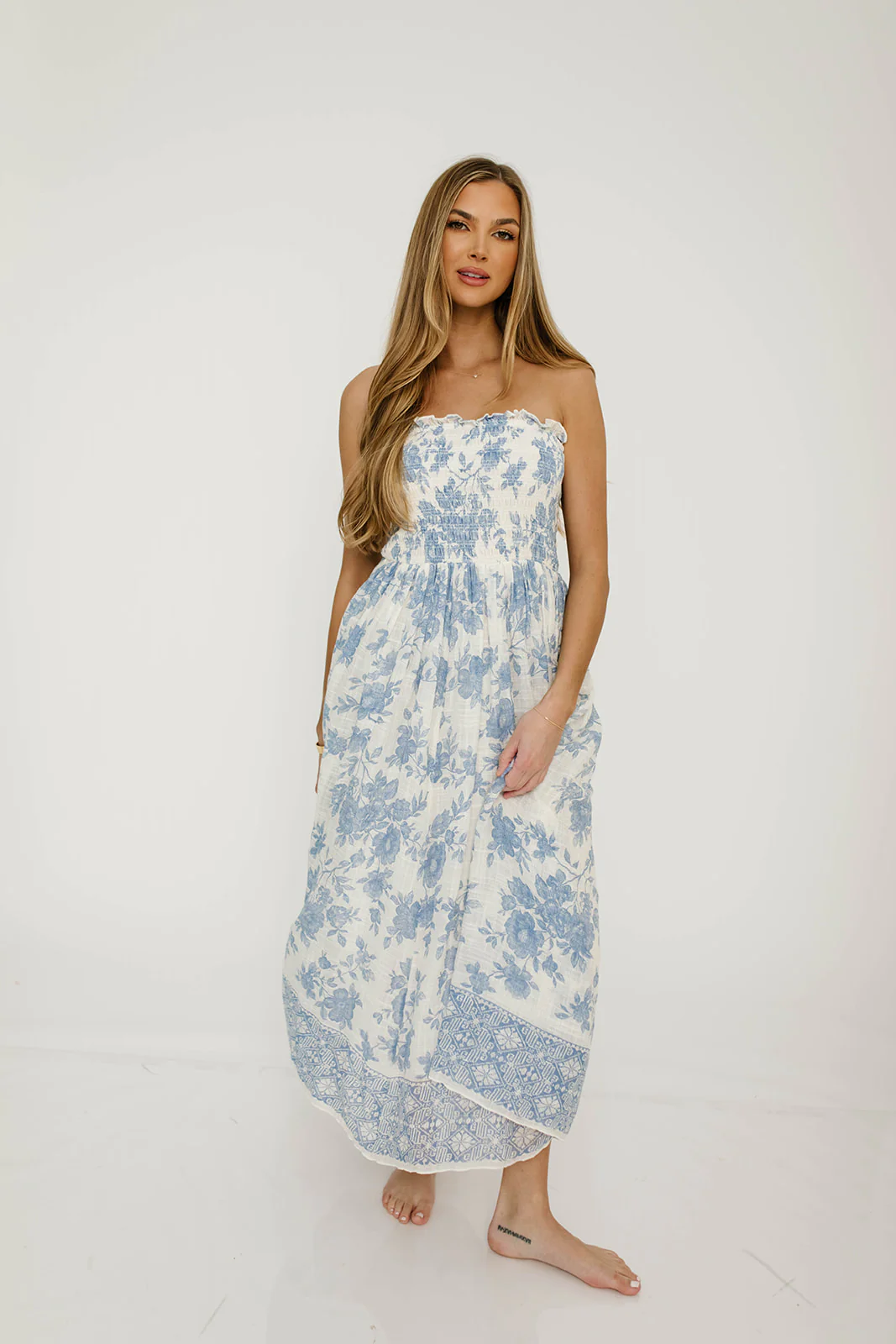 Solena Floral Smocked Midi Dress in Ivory/Blue
