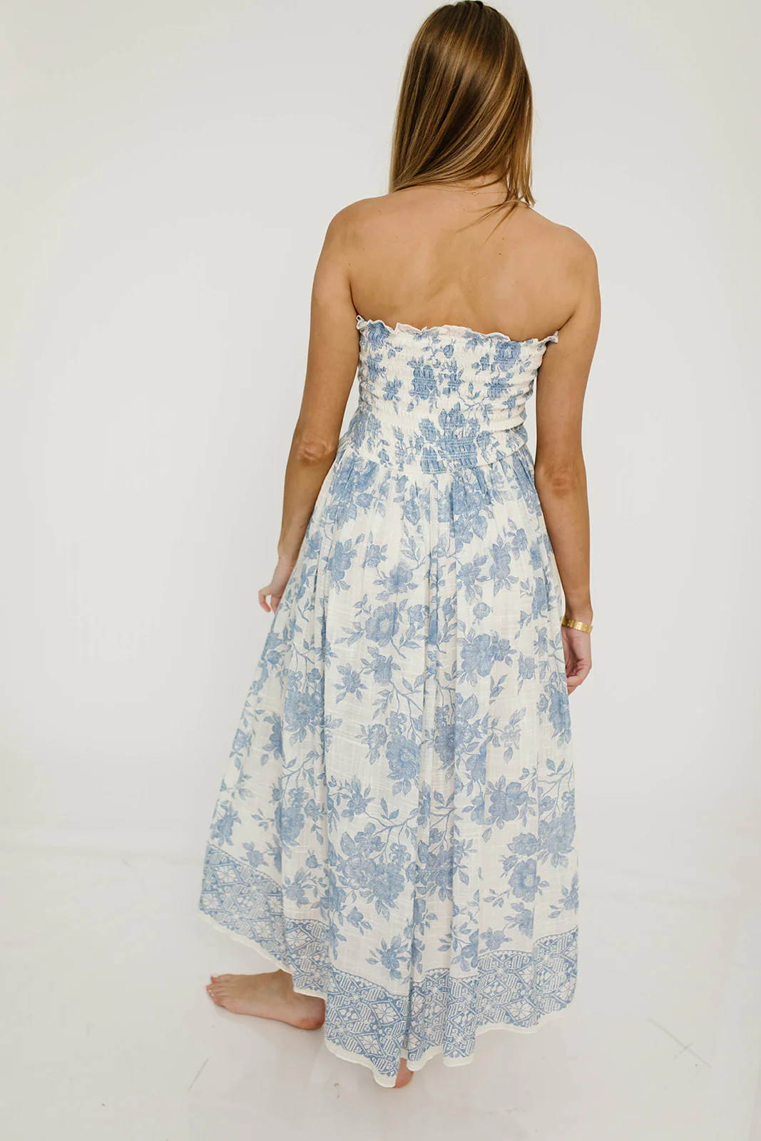 Solena Floral Smocked Midi Dress in Ivory/Blue - Image 3