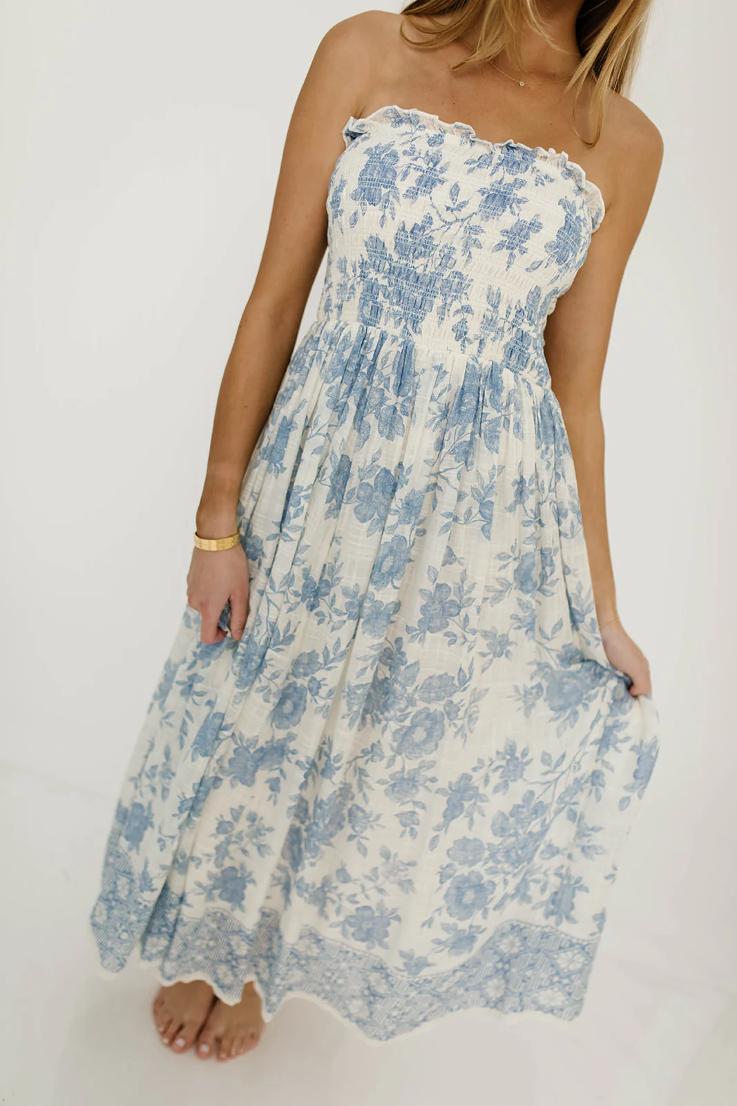 Solena Floral Smocked Midi Dress in Ivory/Blue - Image 4