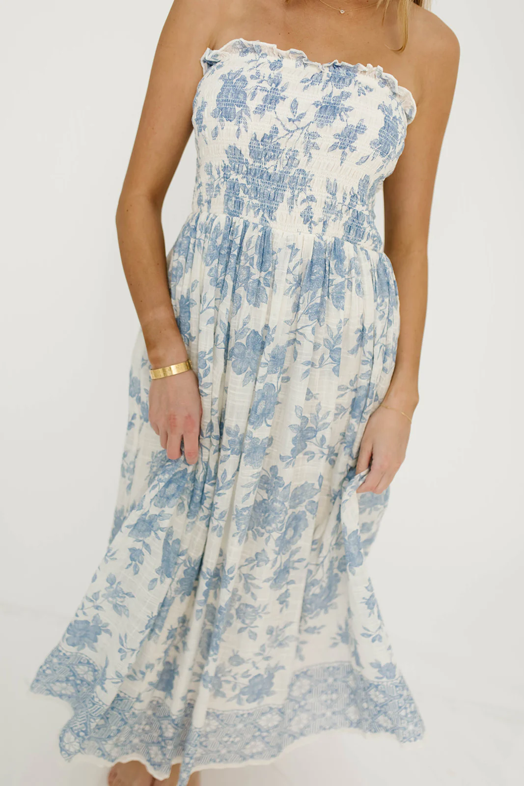 Solena Floral Smocked Midi Dress in Ivory/Blue - Image 5