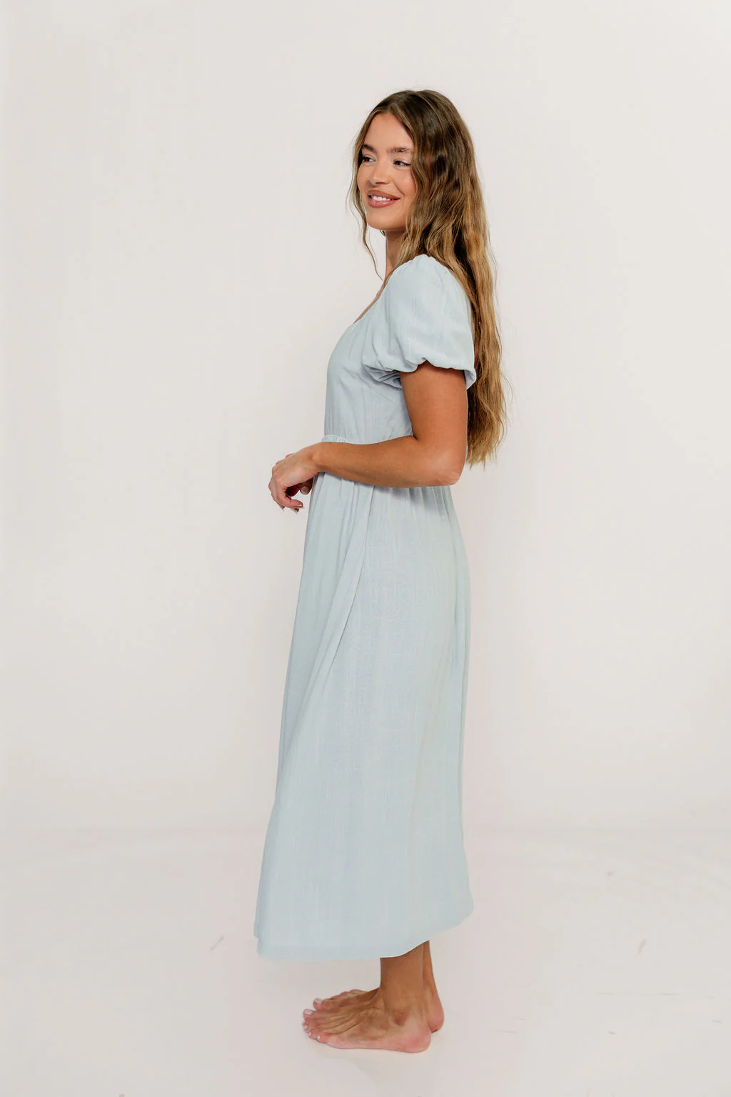 Ainsley Square Neck Midi Dress with Puffed Sleeves in Baby Blue - Bump Friendly - Image 3