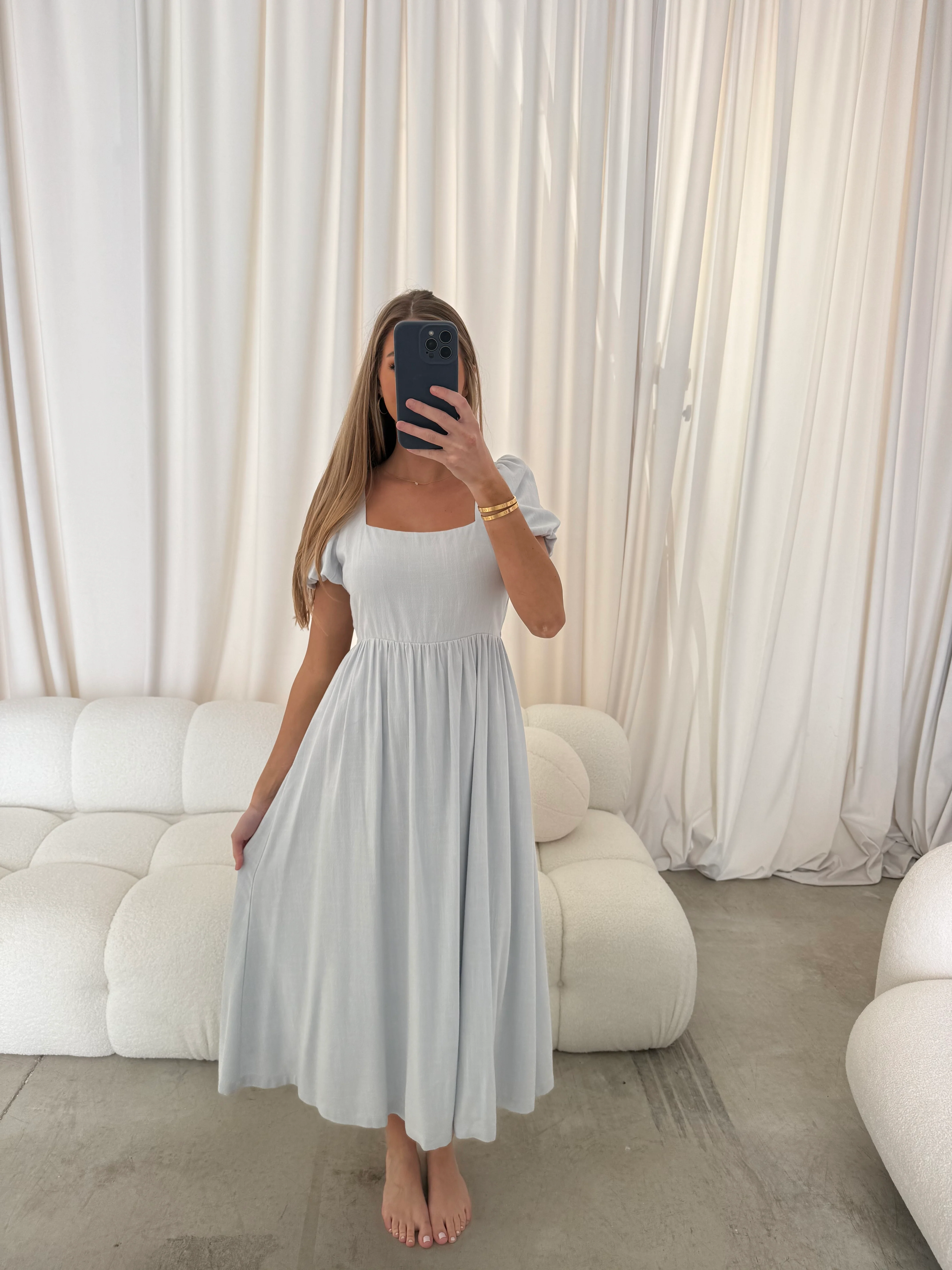 Ainsley Square Neck Midi Dress with Puffed Sleeves in Baby Blue - Bump Friendly - Image 6