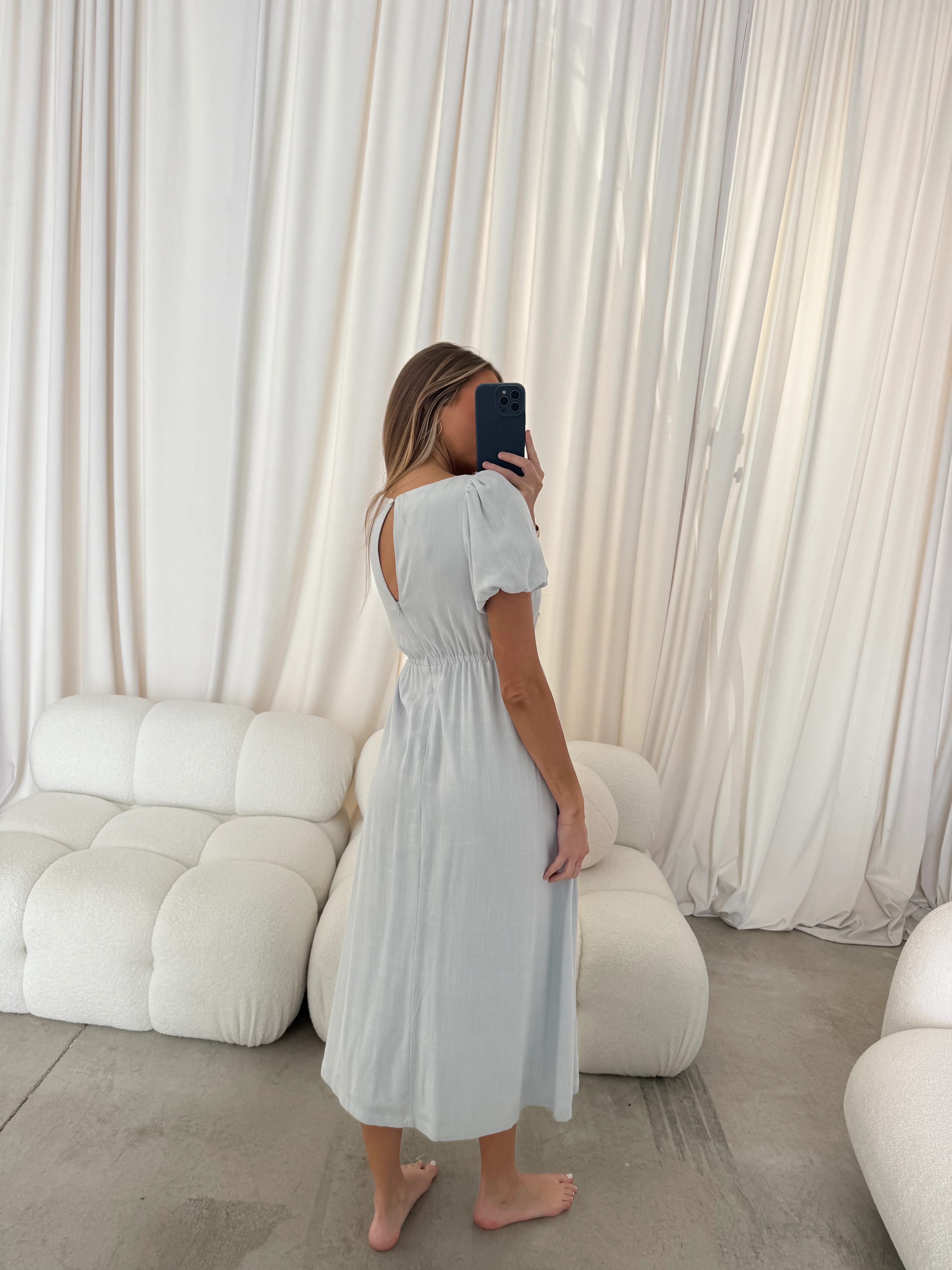 Ainsley Square Neck Midi Dress with Puffed Sleeves in Baby Blue - Bump Friendly - Image 7