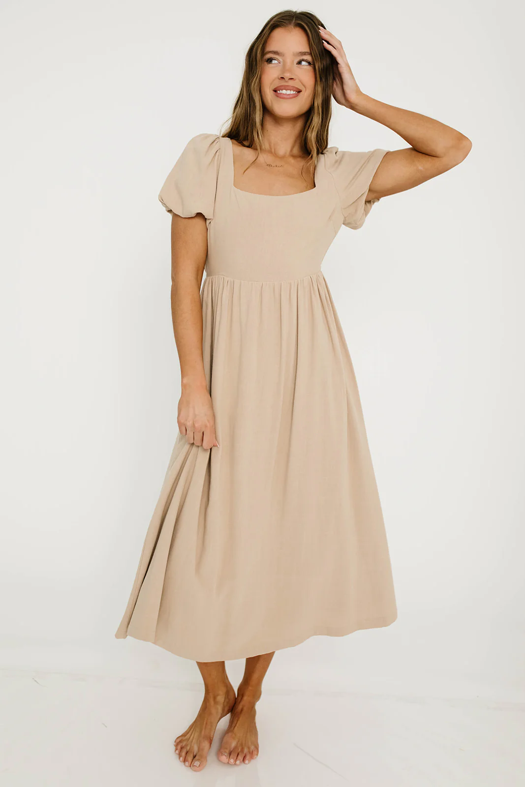 Ainsley Square Neck Midi Dress with Puffed Sleeves in Oat - Bump Friendly - Image 10
