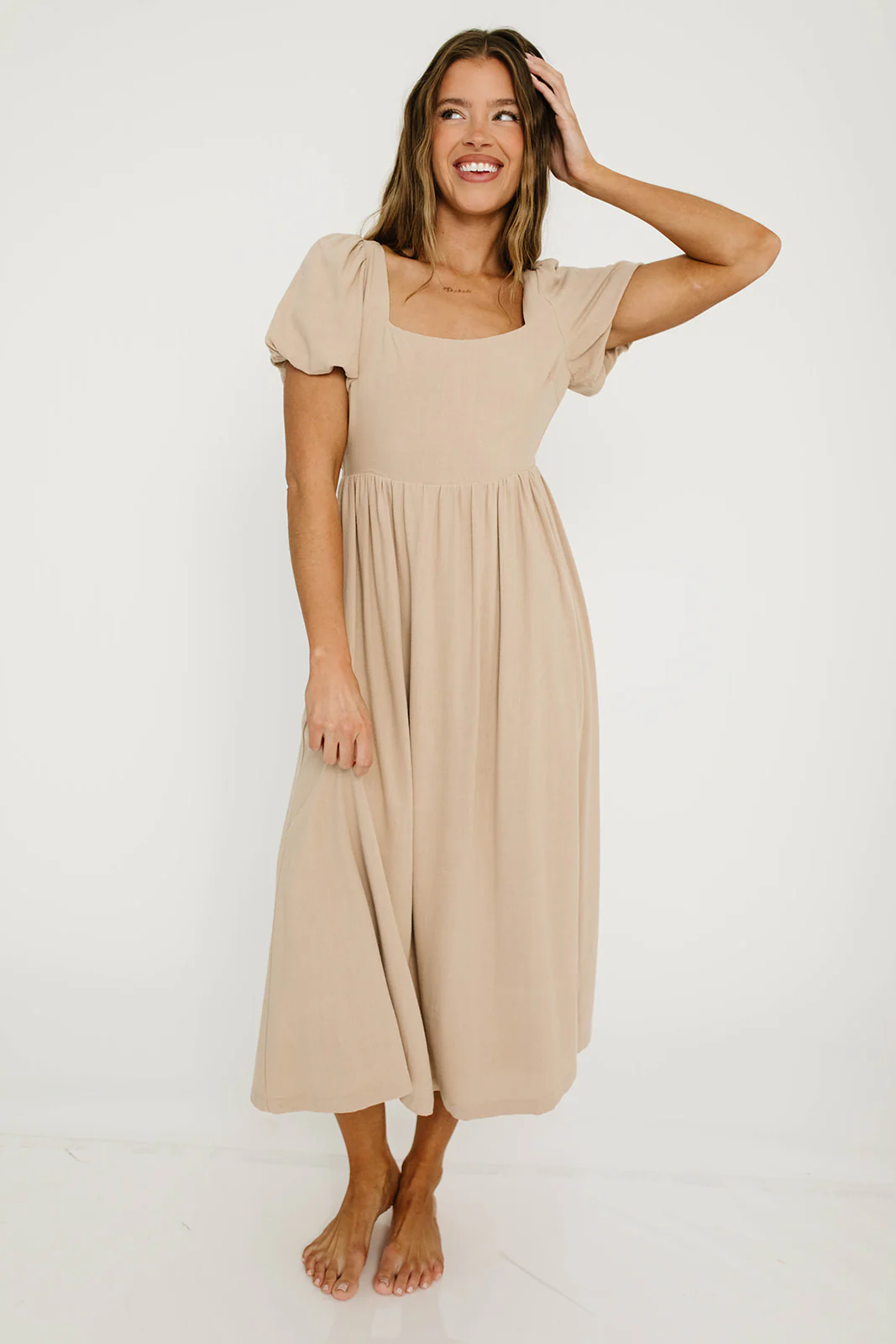 Ainsley Square Neck Midi Dress with Puffed Sleeves in Oat - Bump Friendly - Image 11